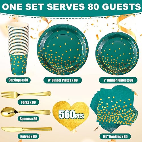 Miniatura 2 de 560 piezas de suministros de fiesta verde oscuro y dorado para 80 invitados, juegos de vajilla desechables, platos de papel verde, servilletas,