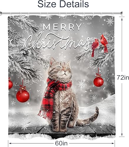 Miniatura 5 de AMBZEK Cortina de ducha con diseño de gato de Feliz Navidad, 60 pulgadas de ancho x 72 pulgadas de largo, diseño de copos de nieve, árbol de pino,