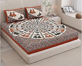 Queenie Brand Bedsheet for Double Bed with 2 Pillow Covers Set 144 TC Cotton Double Bedsheet Traditional Jaipuri Printed