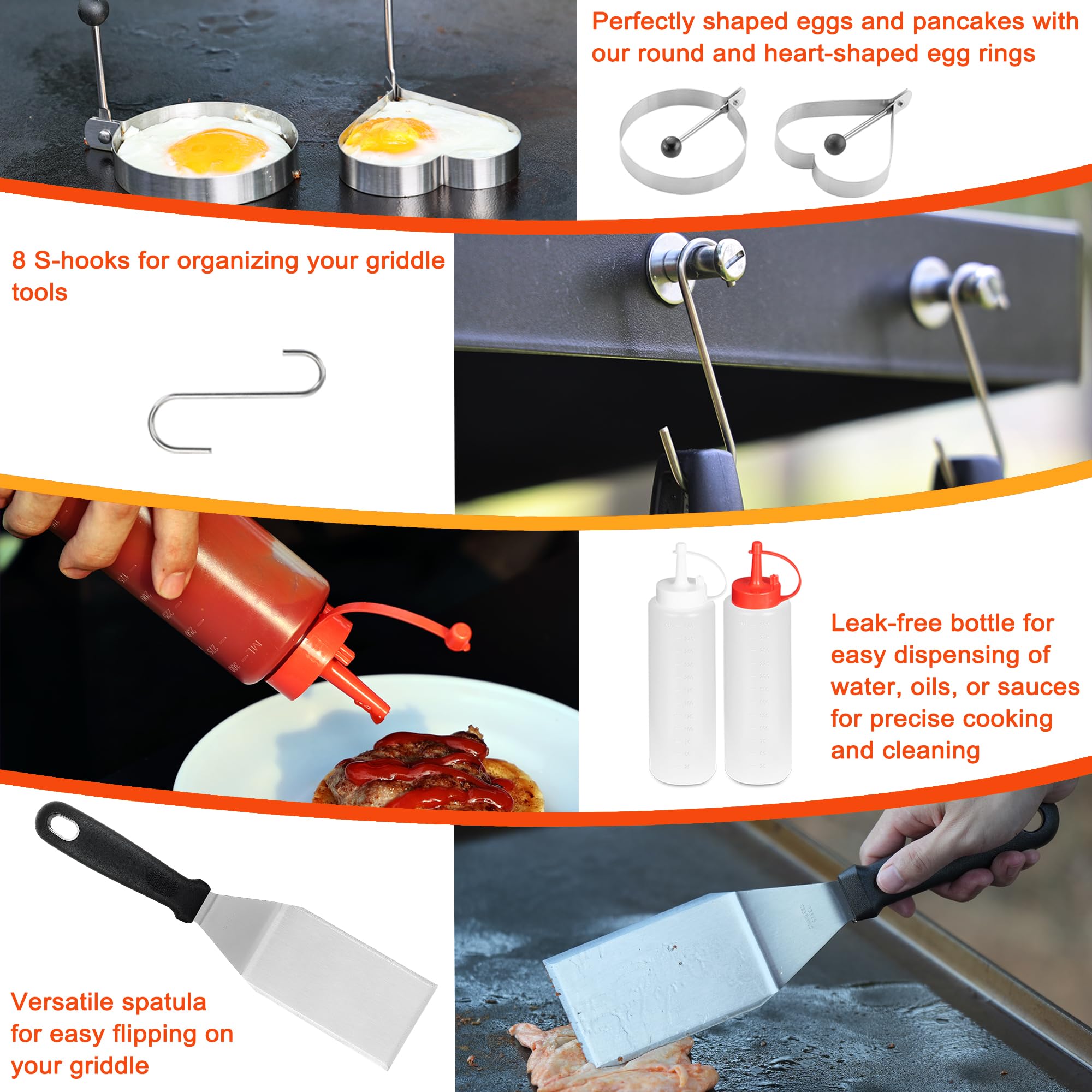Kit de accesorios para plancha – Juego de 40 herramientas para parrilla de parte superior plana, juego de accesorios para plancha con cubierta de hilvanado, espátula, raspador, prensa 6