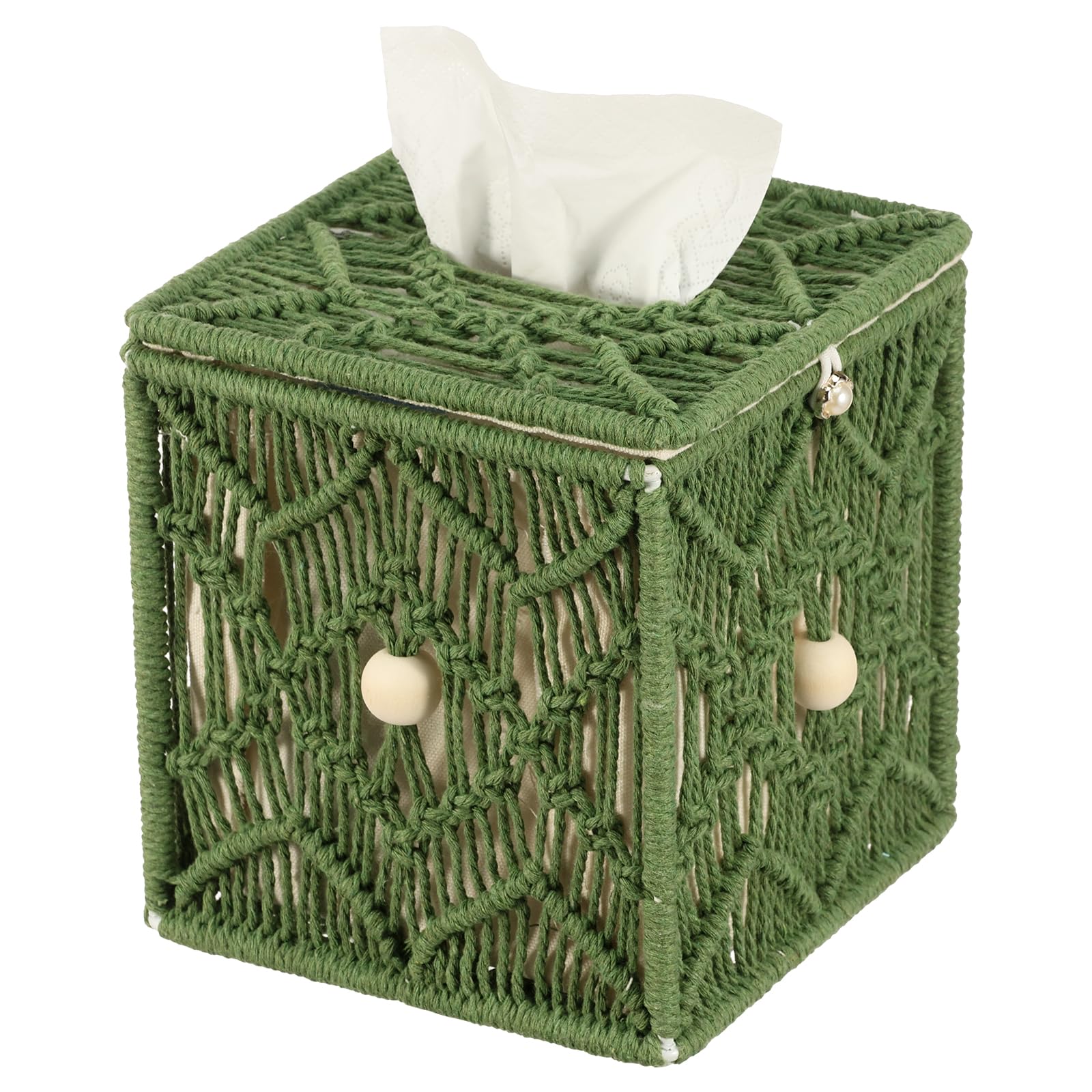 Tissue Box Cover,Woven Square Tissue Box Holder, 15×14×14 cm Bohemian Handmade Woven Tissues Cube Boxes for Bathroom Bedroom Dresser Living Room Office Dorm(Dark green)