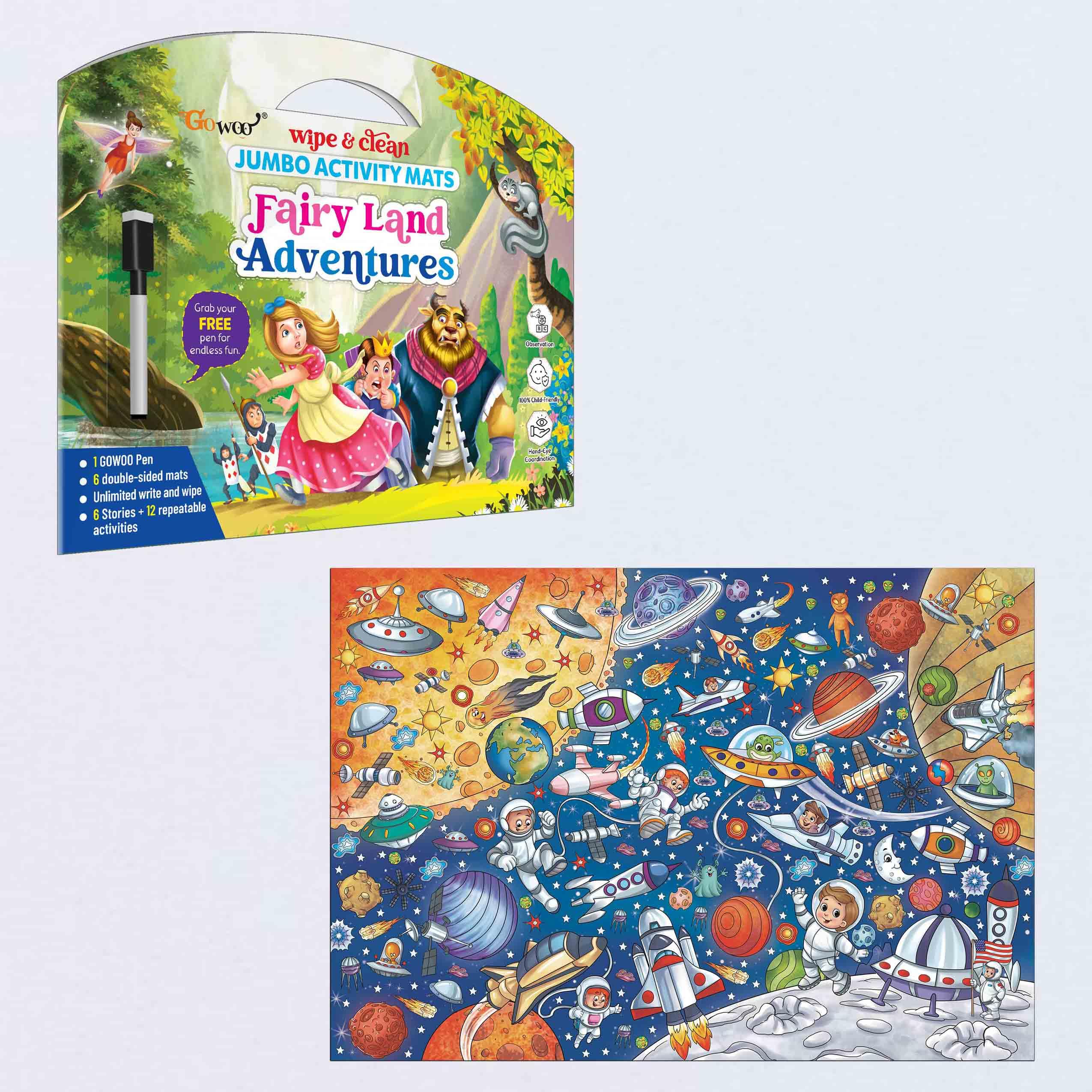 Fairy Land Adventures and Giant Space Colouring Poster | Combo of 1 Activity mat with Pen and 1 Colouring Poster| Imagination Soars: Space Coloring Poster & Fairy Adventures Mat