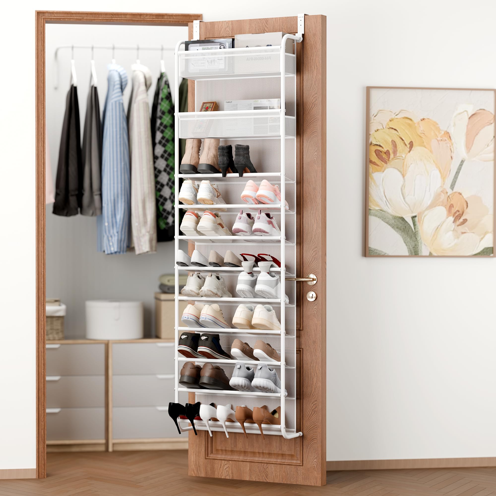 Whitmor 27 Pair Over The Door Shoe Organizer, 11 Tier Hanging Shoe Organizer, Heavy Duty Metal &amp; Mesh Shoe Holder, Hanging Shoe Rack for Closet Organizer &amp; Storage, 7.5 L x 21.7 W x 79.9 H, White