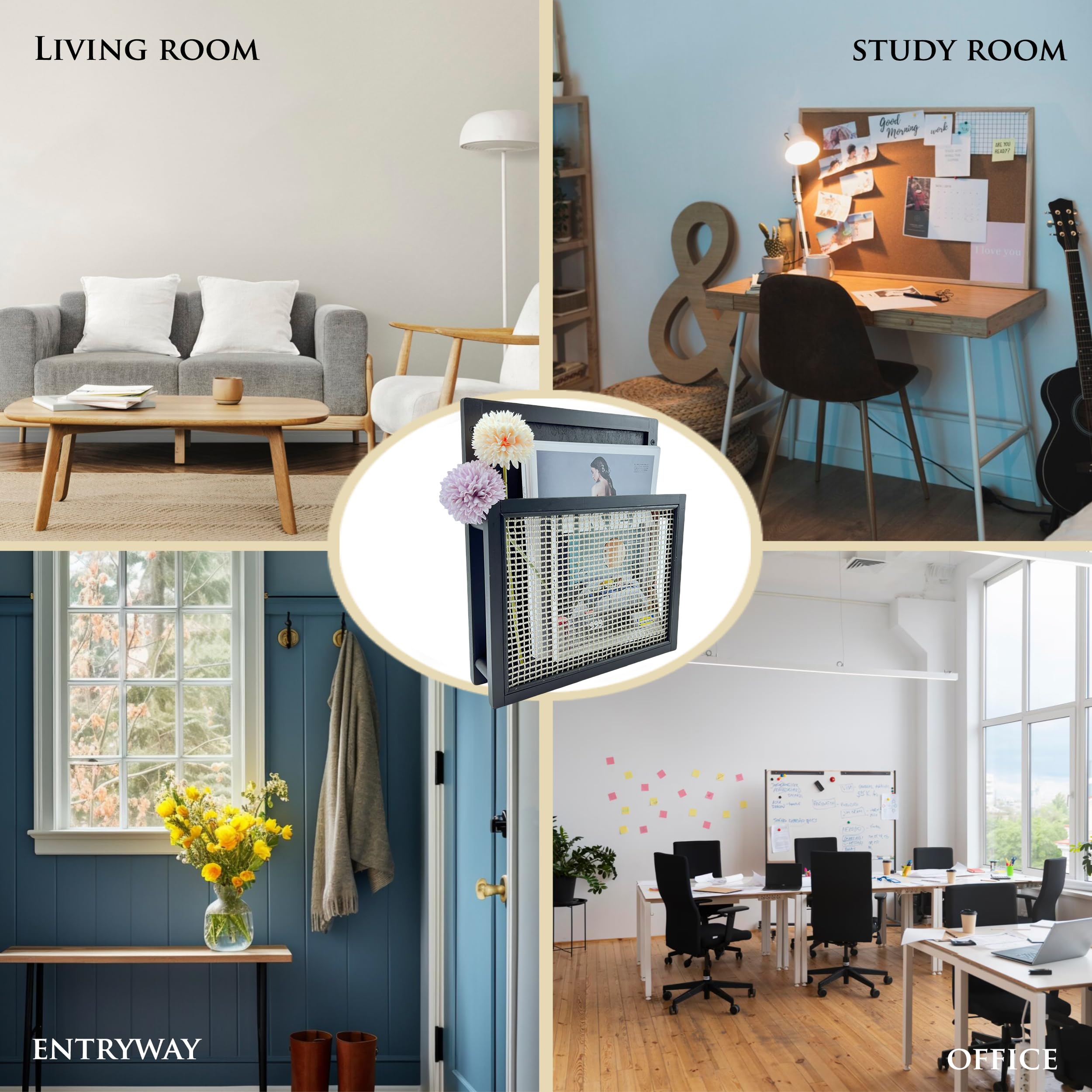 Zeitschriftenhalter aus Holz, Boho-Stil, Wandmontage, Zeitschriftenständer, Aktenhalter für Eingangsbereich, Wohnzimmer, Kinderzimmer und Büro, hängender Post-Organizer (schwarz)