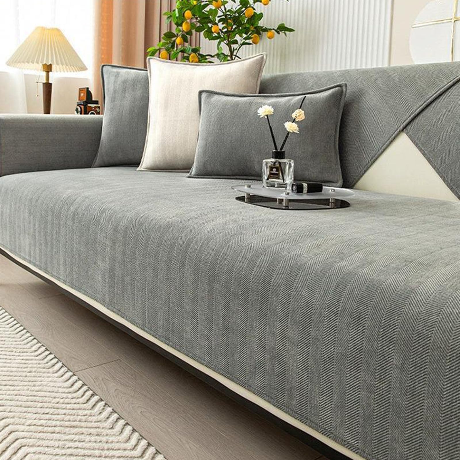 Twaynorb Sofa Cover, Herringbone Chenille Fabric Furniture Protector Non Slip Sofa Cover 1 2 3 Seater (Grey,90 * 70cm)