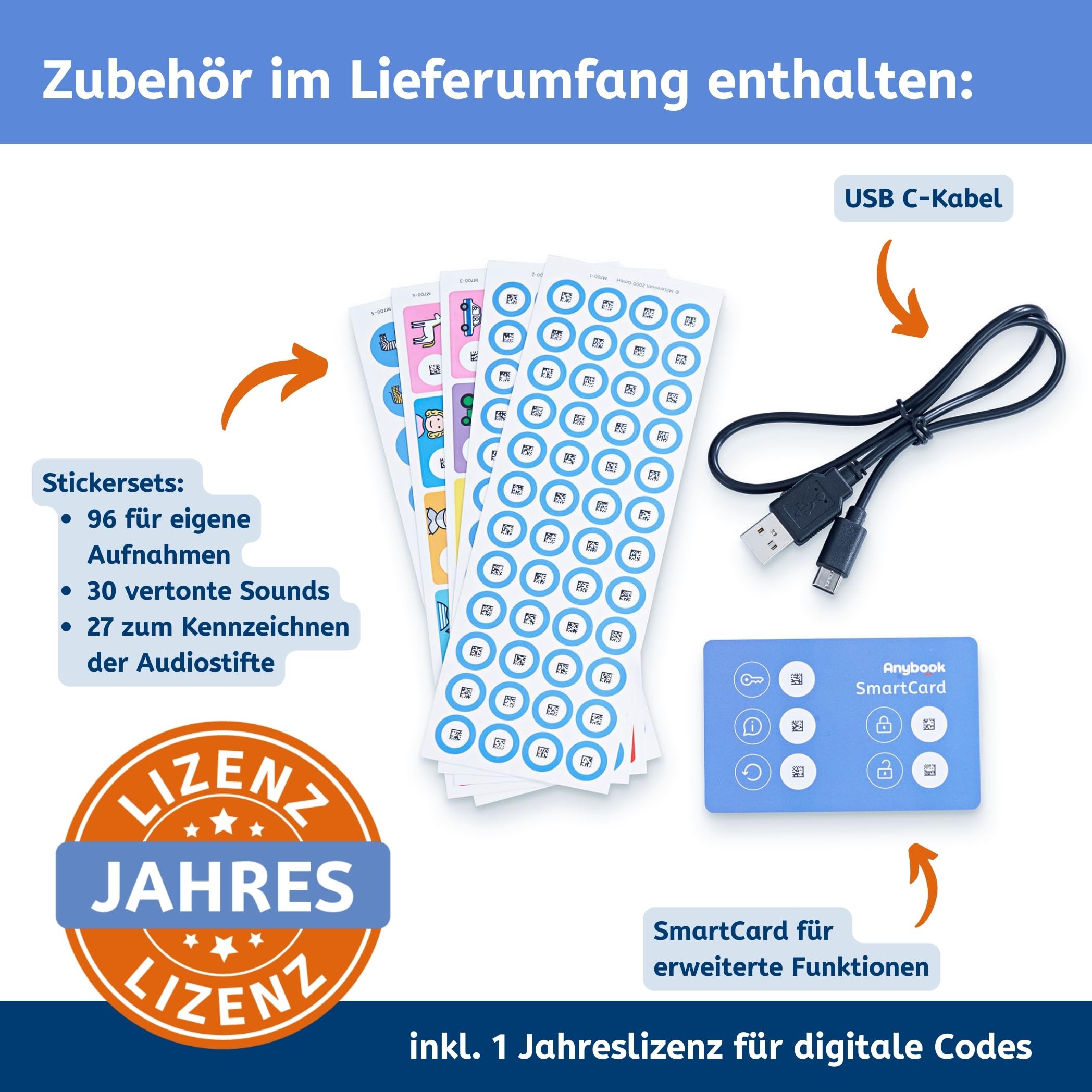 Pro Audiostift inkl. Jahreslizenz für Codes zum Drucken & Kopieren: Incl. Voucher für Jahreslizenz für Codes zum Ausdrucken.