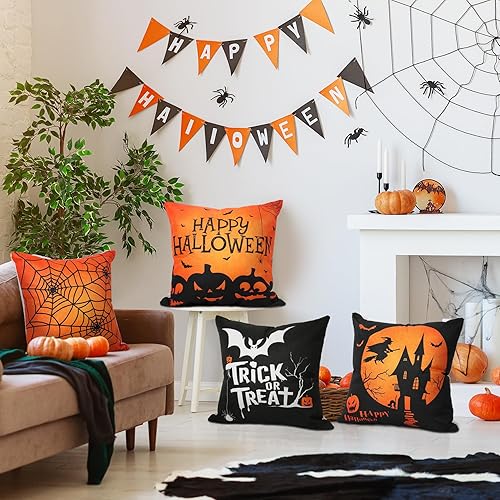 Miniatura 4 de Global Park Fundas de almohada de Halloween, 18 x 18 pulgadas, juego de 4 fundas de almohada decorativas de Halloween, decoraciones de Halloween