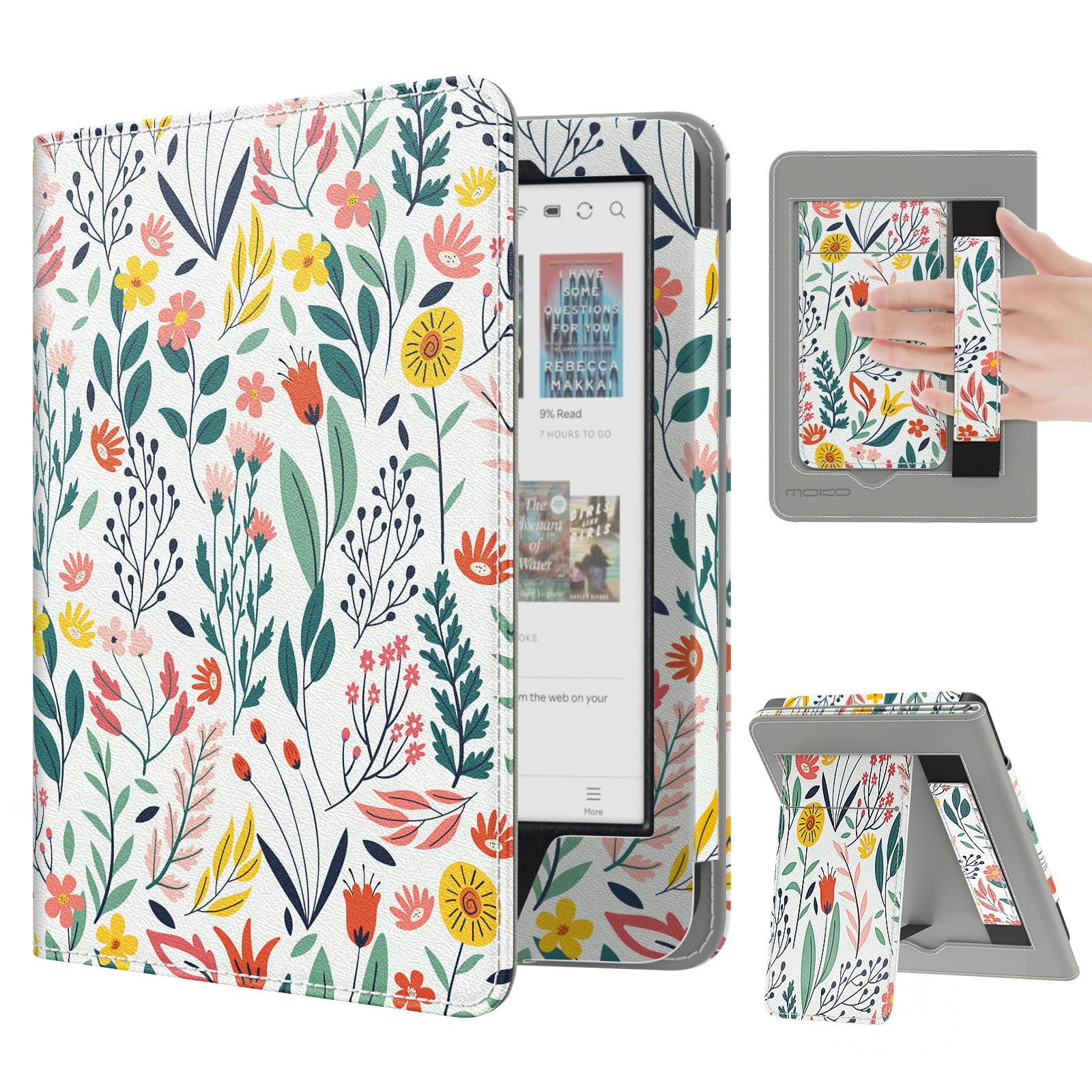 MoKo Case for 6" Tolino Shine Color/Shine 5(2024)/Shine 4(2022) & Kobo Clara Colour/BW/2E, Slim PU Shell Cover with Auto-Wake/Sleep for Kobo Clara, Card Slot & Hand Strap & Foldable Stand, Flowers