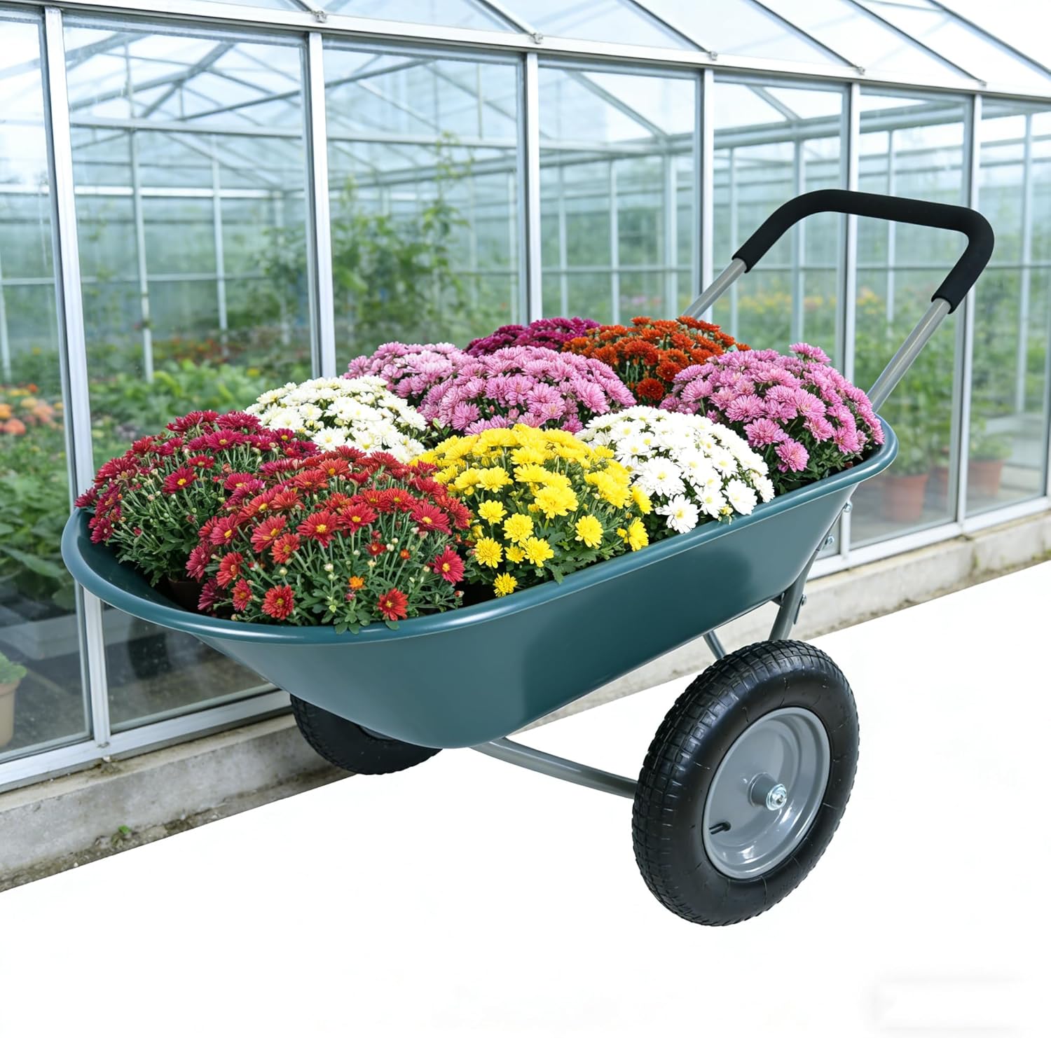 Lightweight Garden Wheelbarrow w/Dual 15 Inch Inflatable Wheels, 5 Cubic Feet Tray Yard Utility Cart, Rustproof Utility Wheel Barrow for Gardening, Landscaping, Farming, 300 LB Load Capacity, Green