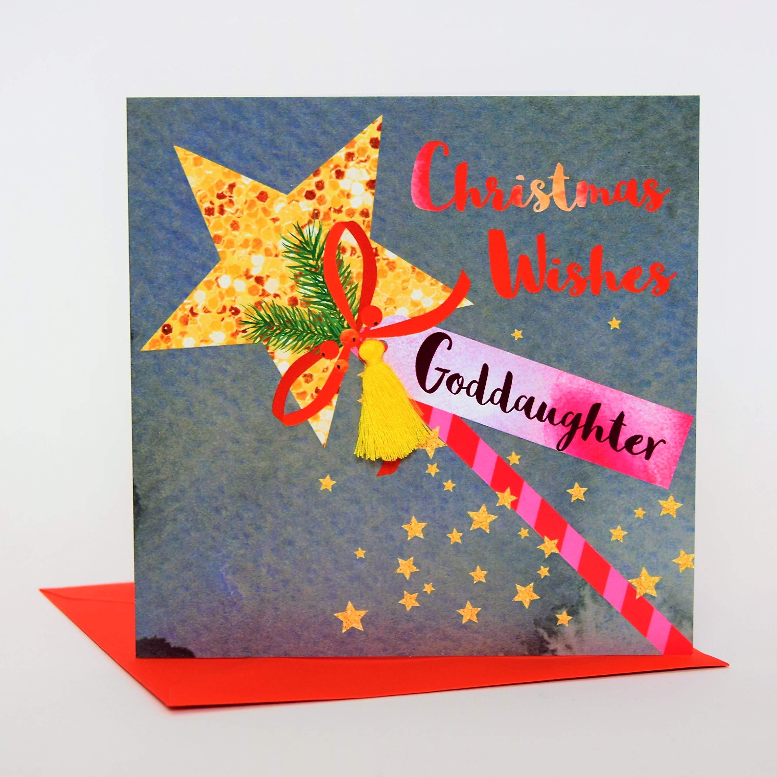 Claire Giles Greeting Cards, Happy Christmas Goddaughter Card, Christmas Wishes, Embellished with a Colourful Tassel