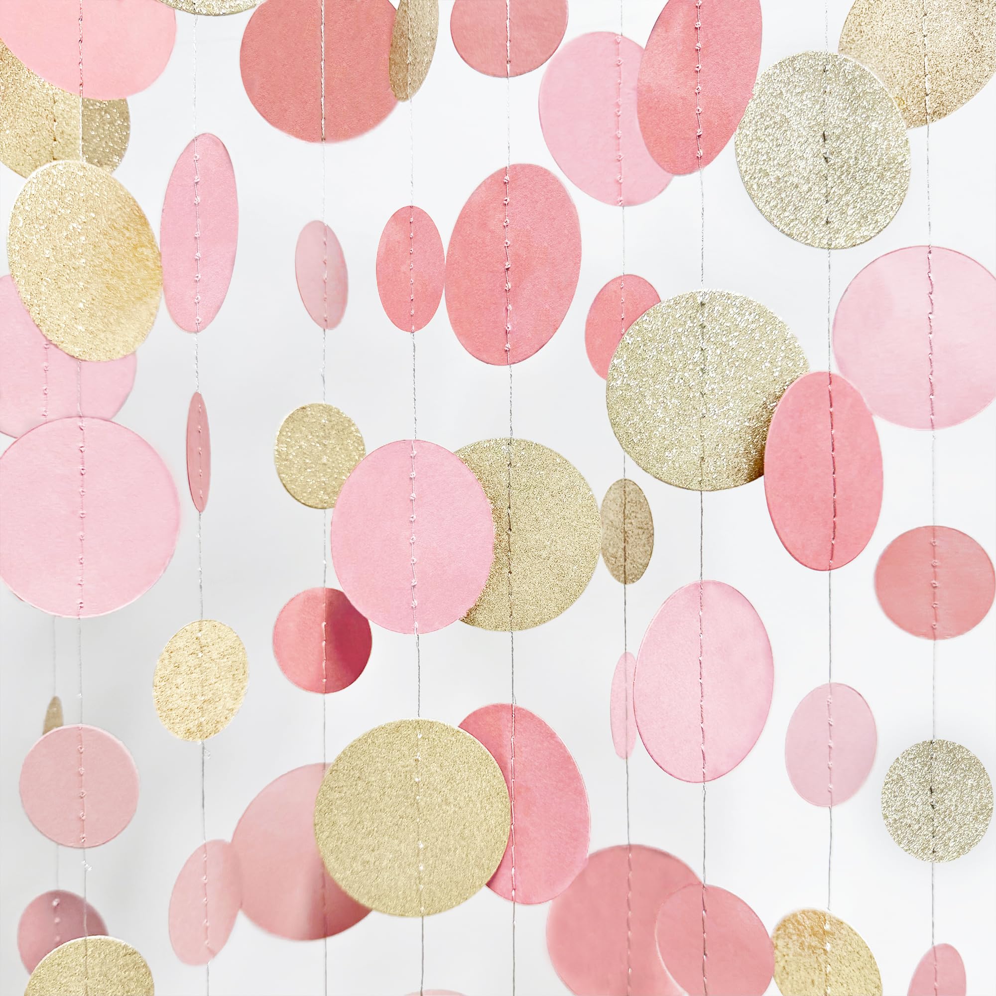 46Ft Champagne Gold Dusty Pink Circle Dots Garland Party Decorations Champagne Rose Pink Hanging Paper Polka Dots Streamer for Boho Birthday Wedding Bridal Baby Shower Retirement Anniversary Party