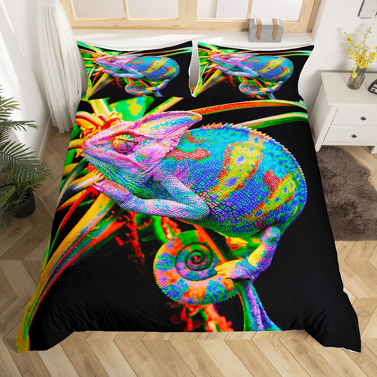 Homewish Colorful Chameleon Bedding Set Lovely Lizard Wildlife Comforter Cover For Kids Child,Cute Reptile Creature Duvet Cover Botanical Tree Branch Single Bed Set Wild Animal Pet Kawaii Room Decor