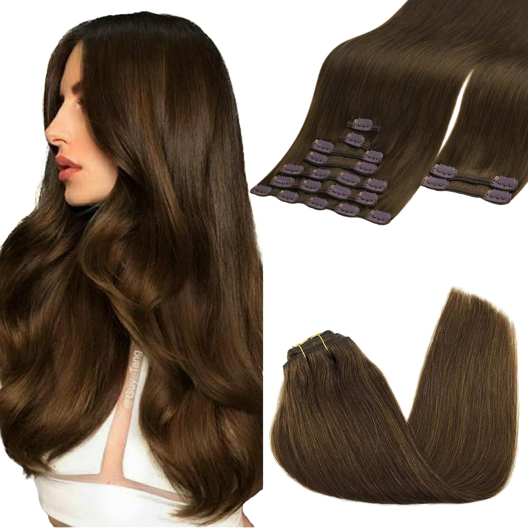 Clip in Hair Extensions Real Human Hair, 16inch 150g 9Pcs, 4A Chocolate Brown, Remy Human Hair Extensions Clip ins for Women, Natural Human Hair
