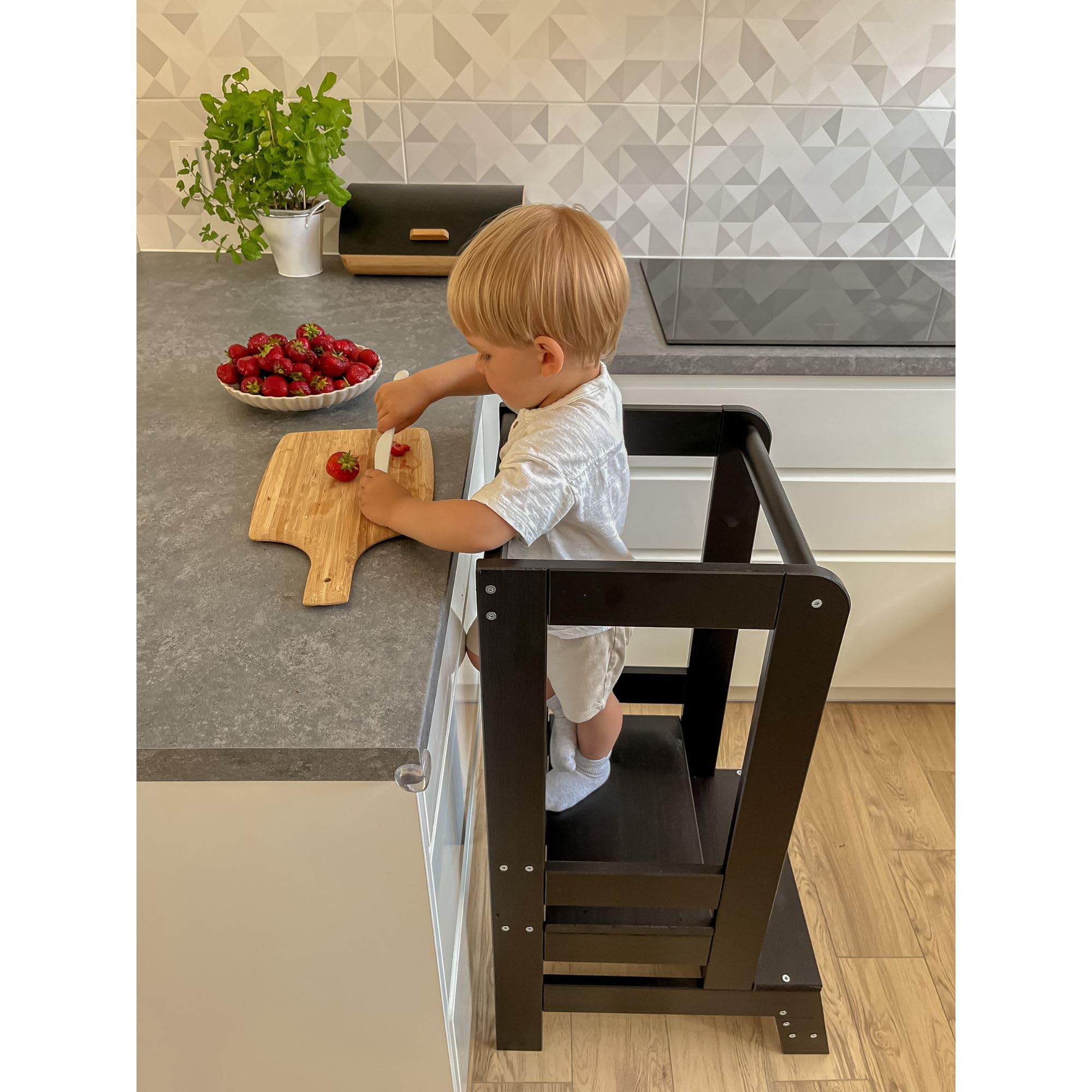 MEOWBABY Lernturm – Höhenverstellbarer Montessori Learning Tower für Kinder – Lernturm ab 1 Jahr – Sicherer Kinder Tritthocker – Holz Küchenhelfer für Küche & Alltag, Schwarz