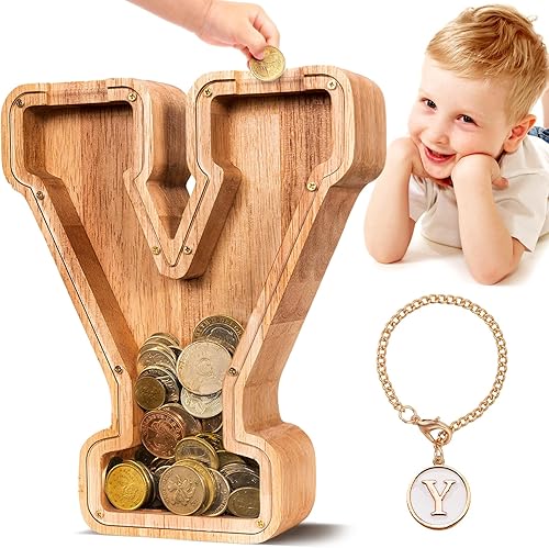 Miniatura 5 de Alcancía grande de madera con nombre personalizado para niños y niñas, alfabetos, letras A-Z, monedas, billetes, cambio de dinero, caja bancaria con