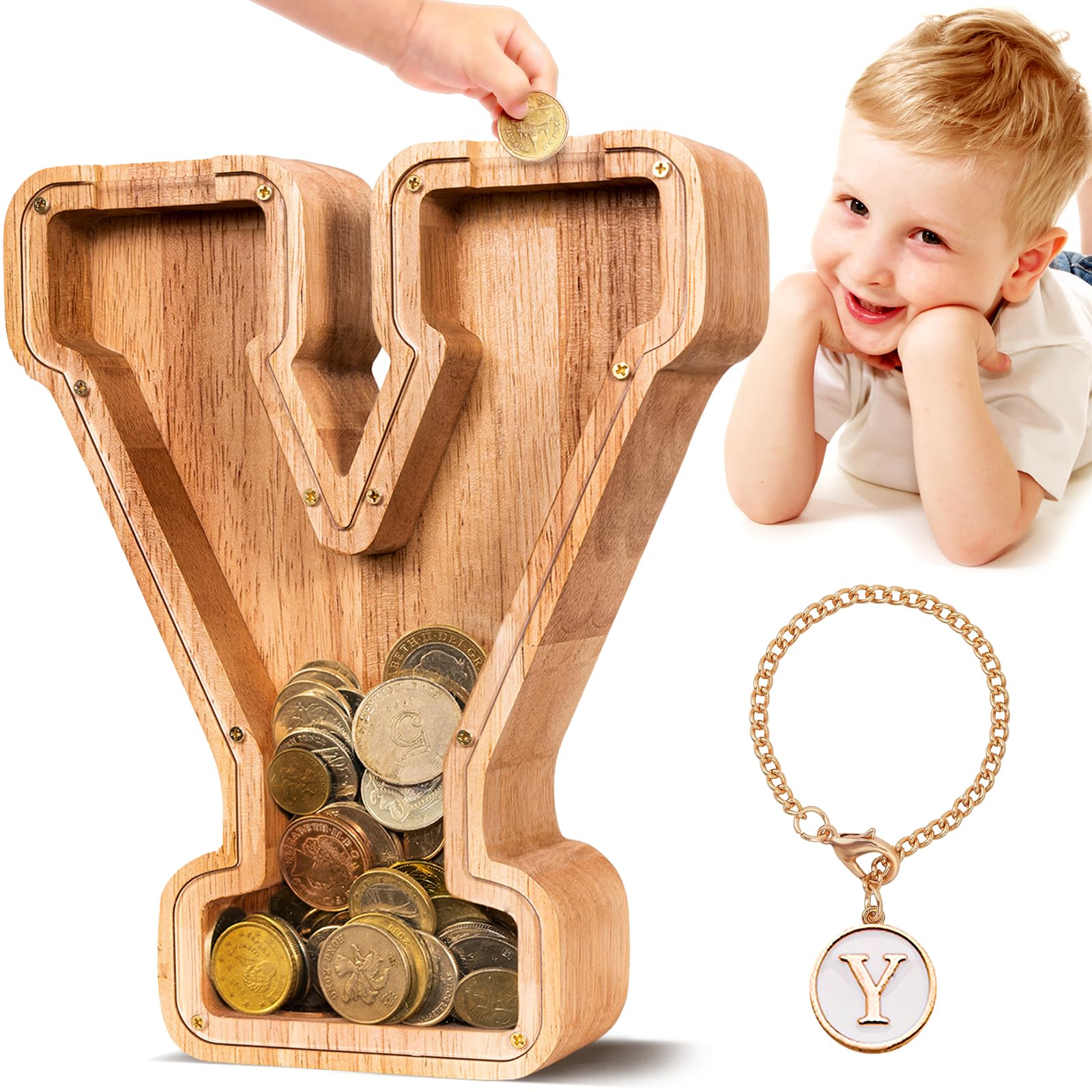 Summidate Wooden Letter Piggy Bank Personalised Money Box Kids Alphabet Y
