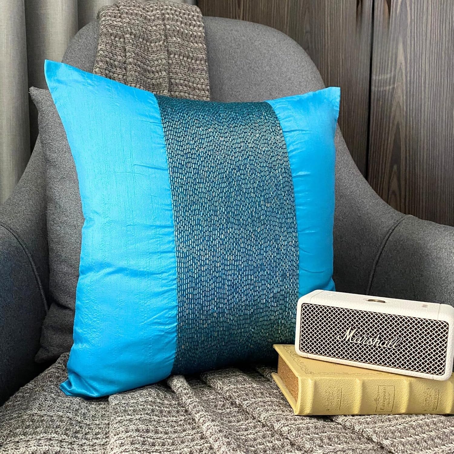 The HomeCentric Euro Pillow Sham, Aqua Blue Euro Size Pillowcases 26x26 inch (65x65 cm) Silk European Pillow Covers, Solid Color, Beaded, Modern Euro Size Pillow Covers Easter - Aqua Center