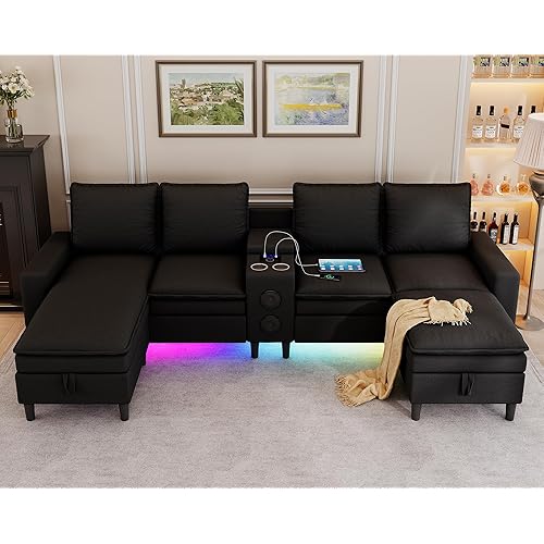 Sectional Couches for Living Room, 4 Seat Sectional Sofa with Smart Module-Bluetooth Speaker/RGB Light/Charging Station, Teddy Fleece U Shaped Cloud Couch with Storage Ottoman (Black)