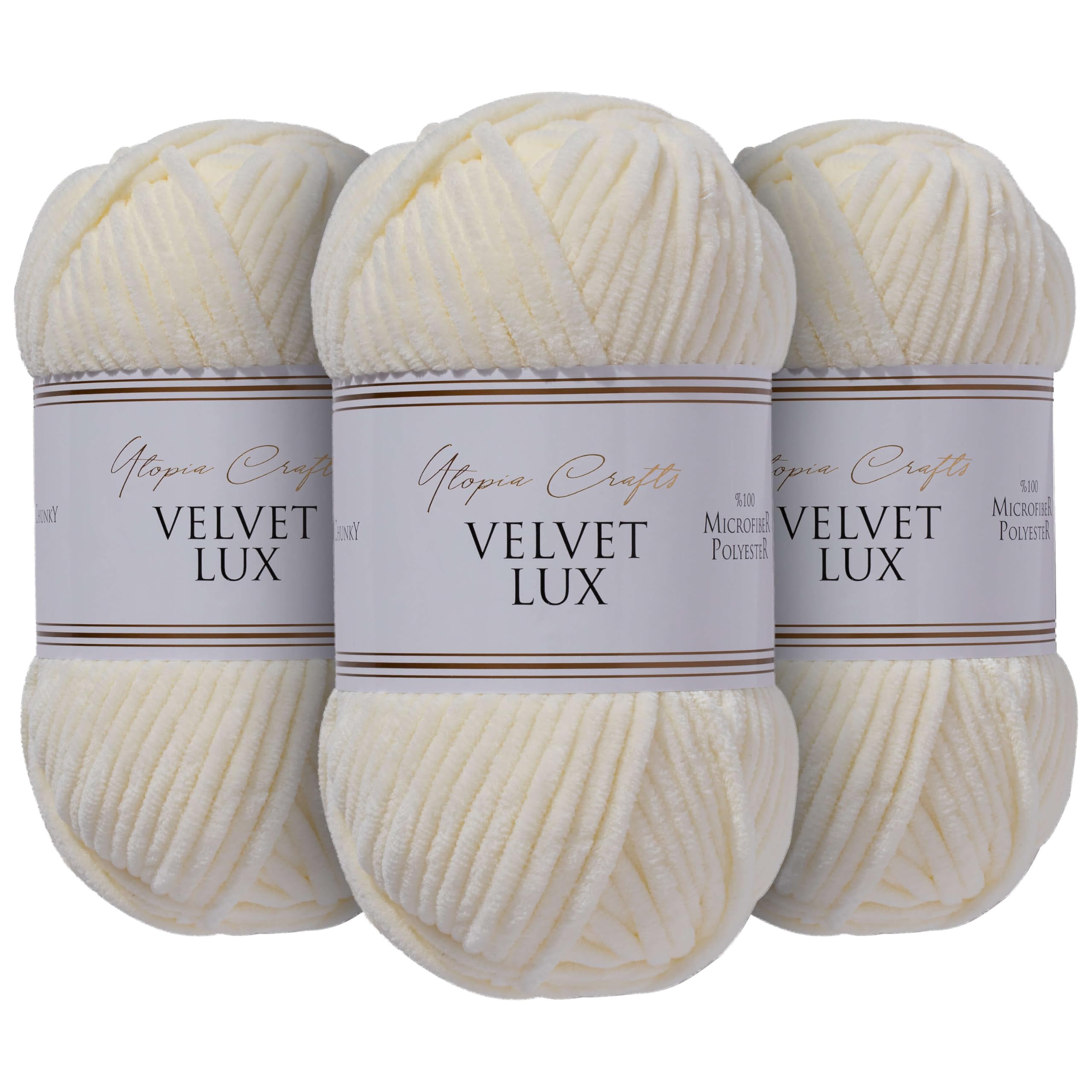 Utopia Crafts Velvet Lux Chenille Super Soft Chunky Yarn for Knitting and Crochet Yarn 3X 100g (Ivory)