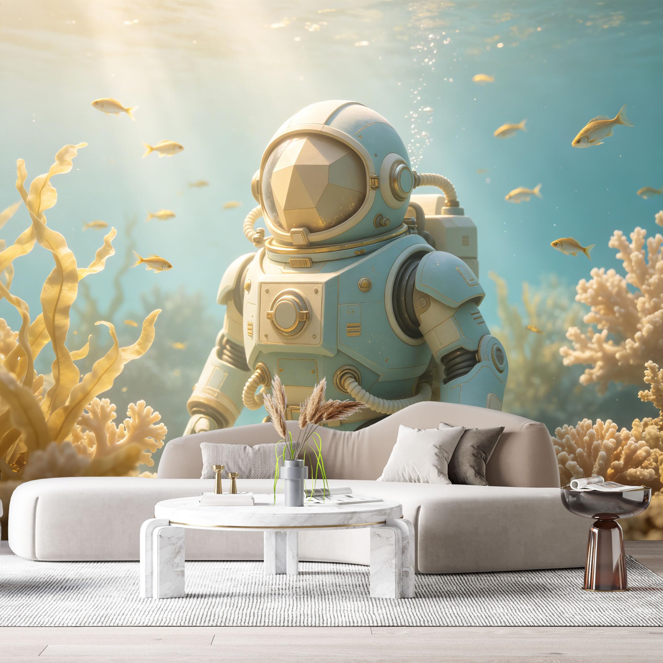 Custom Size Wall Mural Underwater Mech Diver Retro Futuristic Robot Ocean Scene SciFi Style SelfAdhesive Art Prints Removable Large Wallpaper Esports Room Game Room Tenant Room Studio