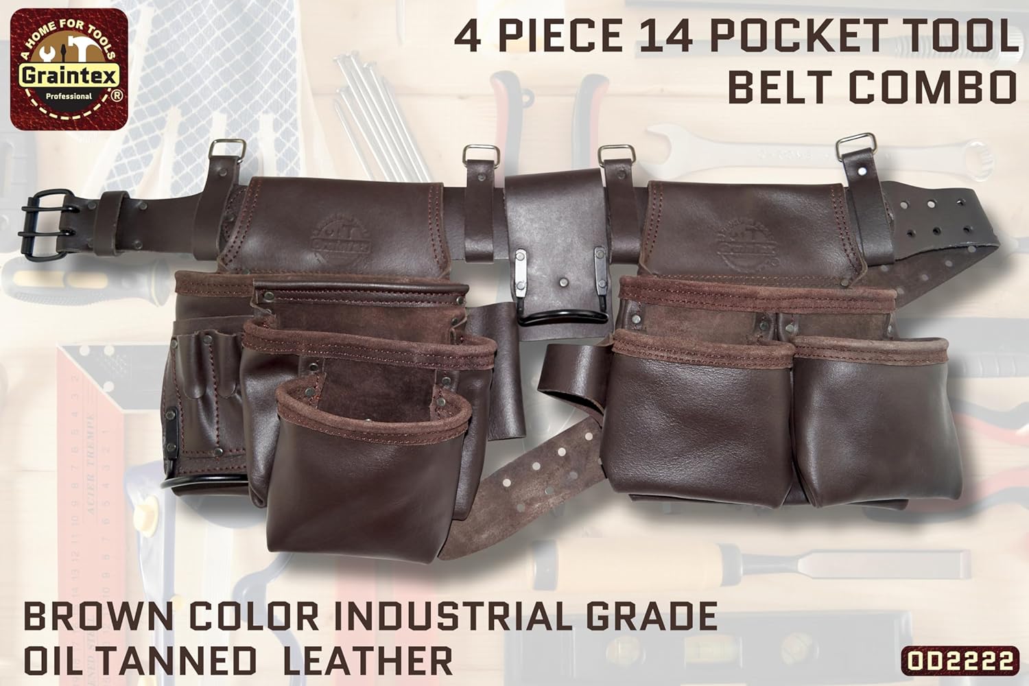 Graintex 13 Pocket Framers Tool Belt, 4 Pc Combo Industrial Grade Leather Tool Pouch, 2” Leather Belt & Hammer Holder, Bags for Drywall Tools, Electricians, Plumbers