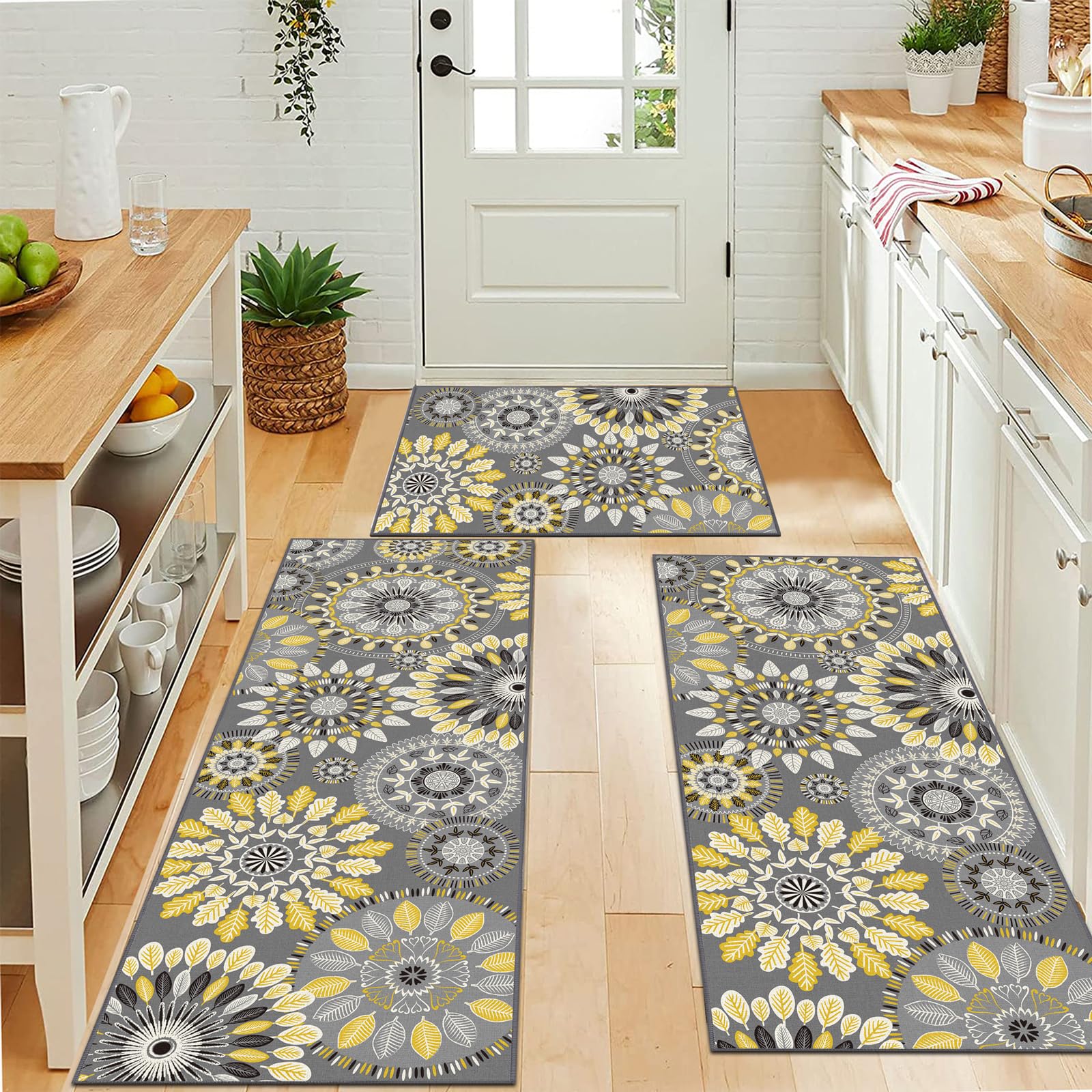 Condition photo showing New/Like New for 2 pack bsmathom boho kitchen rug mat sets 2 piece, farmhouse non slip kitchen rug runner, washable non skid kitchen rugs, bohemian kitchen floor mat for hallway entryway laundry room