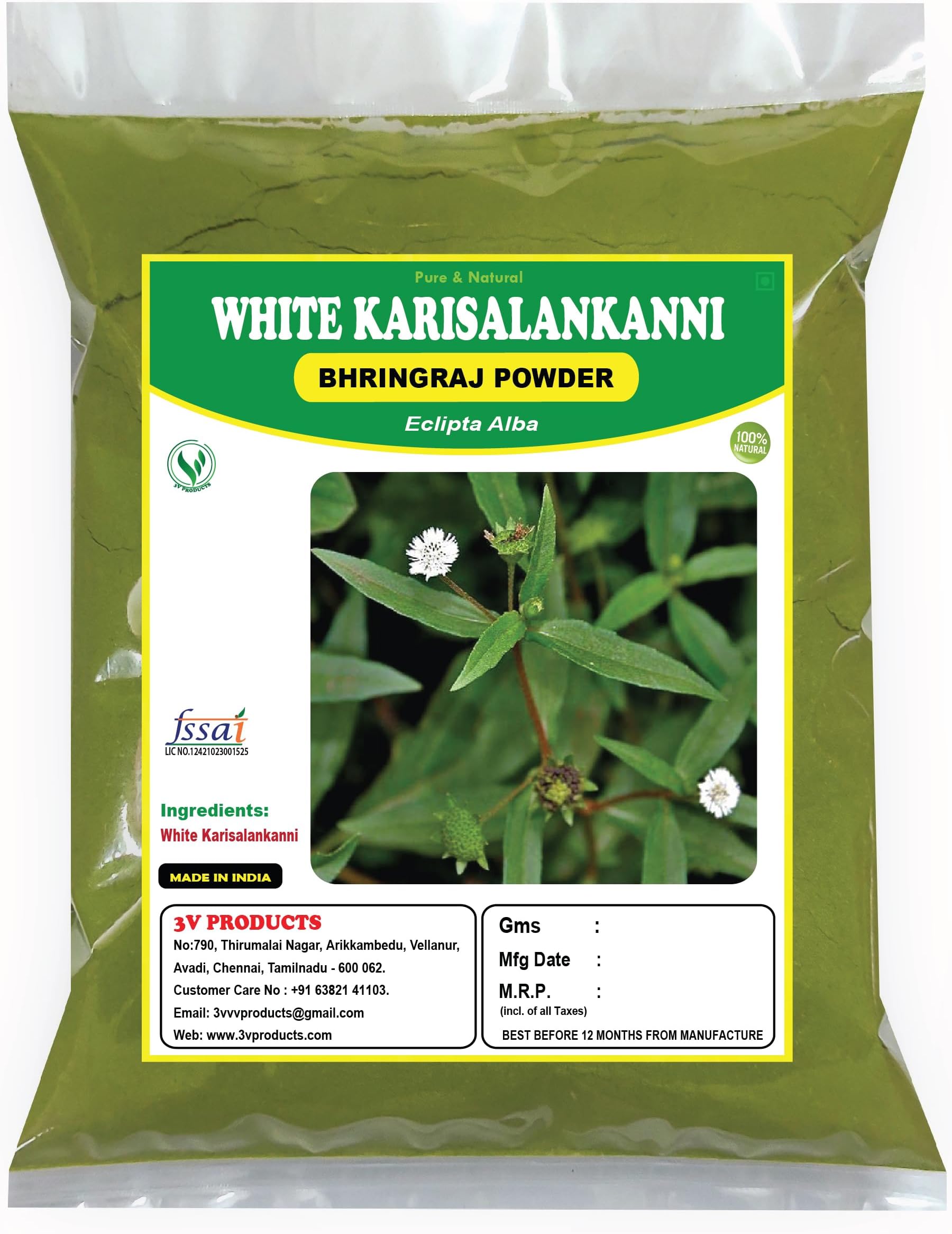 3V PRODUCTS Karisalankanni Bhringraj Powder 100G | Bharangraj | Eclipta Alba Powder