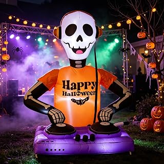 5FT Inflatable Halloween Decoration, Inflatable DJ Skeleton with LED Lights