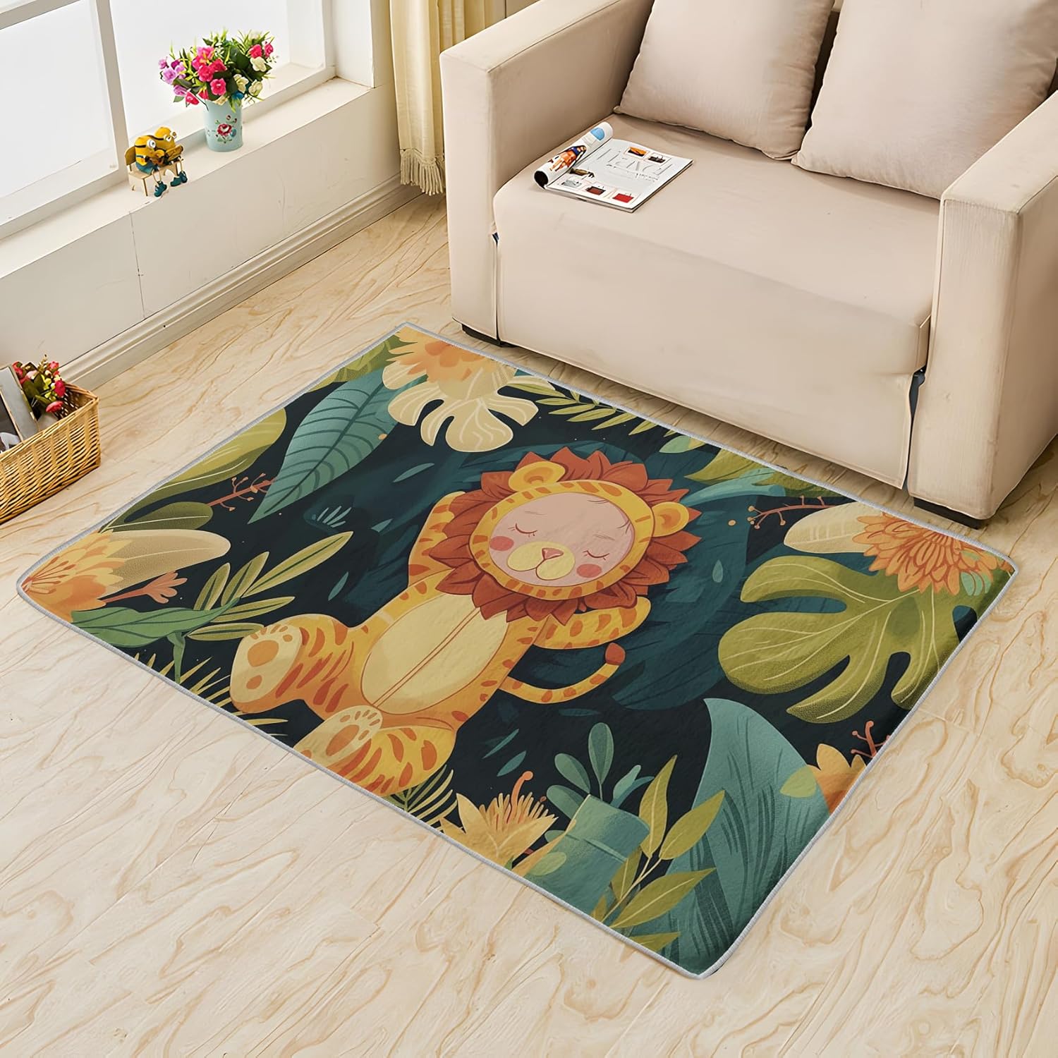 Lion Rugs for Bedroom & Entryway - Cute Cartoons, Washable, 2x3 Area Rug, Non Slip Soft Indoor/Outdoor Mat, Kids Wildlife Decor