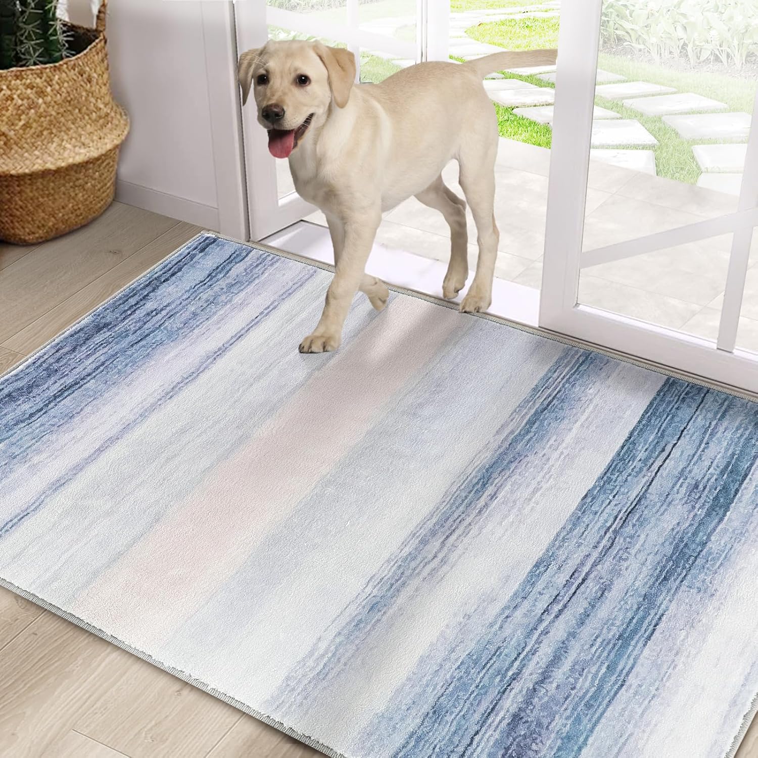 CRISTGEE Door Mat, Front Indoor Door Mat Faux Wool Non-Slip Entryway Rug Absorbent Abstract Throw Rug for Indoor Entrance Hallway Laundry Room, High Traffic Areas, 32X48 Inches, Blue Washable