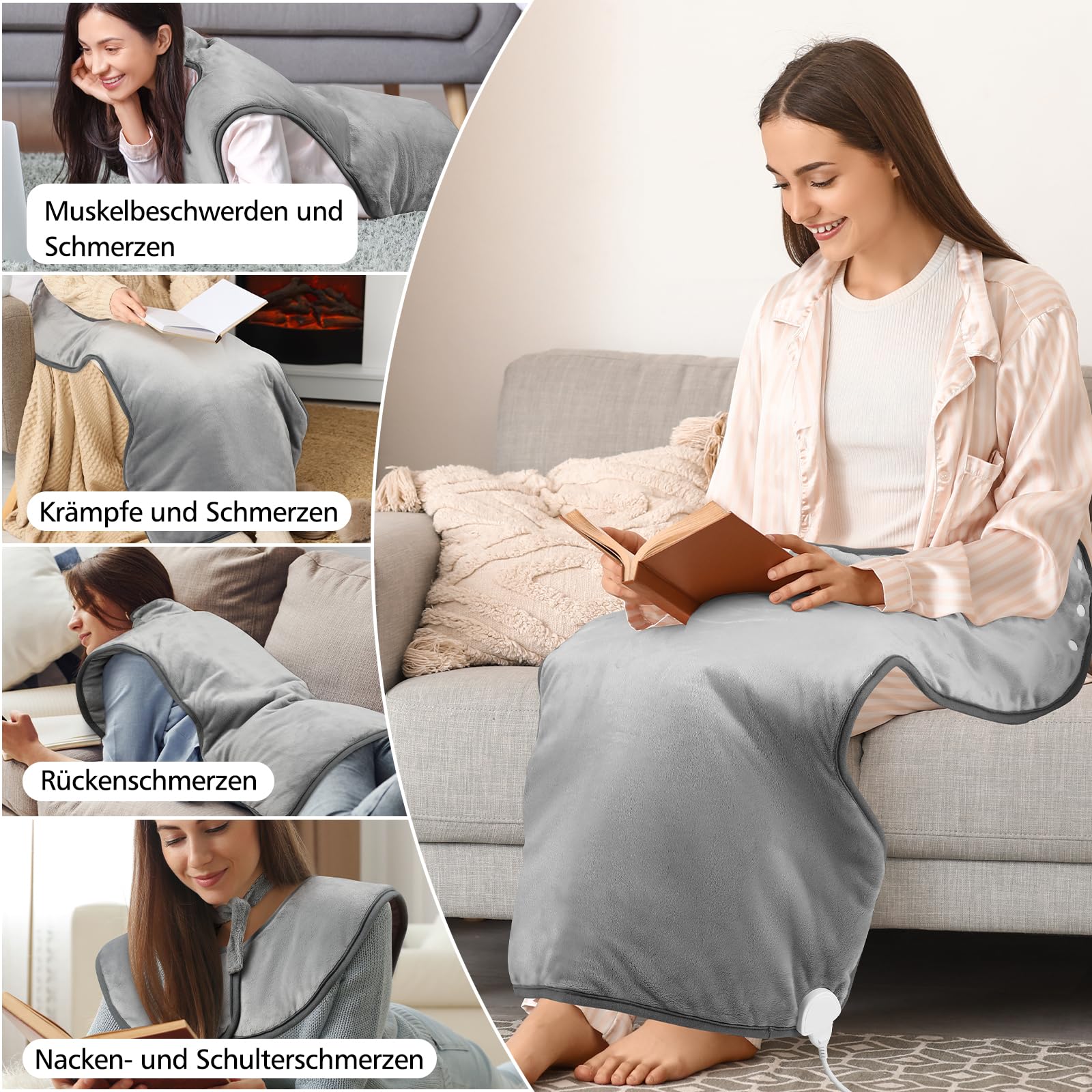 Heizkissen für Rücken Schulter Nacken 61x94cm Heizkissen mit Abschaltautomatik Schnelle Erwärmung, mit 4-Stunden-Timer und 6 Heizstufen Flanellmaterial, Waschbar Wärmekissen Elektrisch
