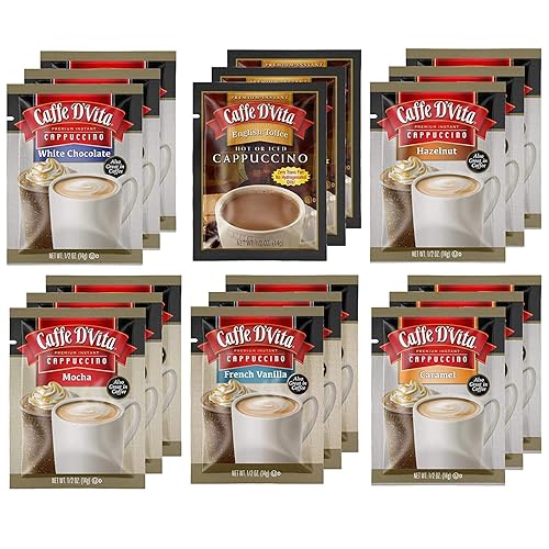 Caffe D'Vita Paquete surtido de capuchino de café instantáneo de primera calidad, chocolate blanco, caramelo inglés, avellana, moca, vainilla
