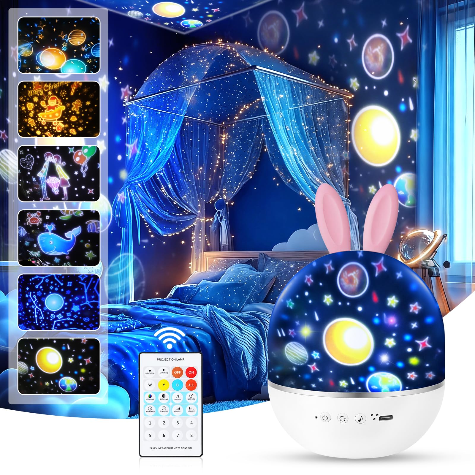 URAQT Proiettore Stelle Soffitto Bambini, Luci Notte per Bambini, 360°Rotazione Musicale Luce Notturna Bambini Proiettore, 6 Films Proiettore Soffitto,8 musica,con Telecomando e timer, Regalo Neonato
