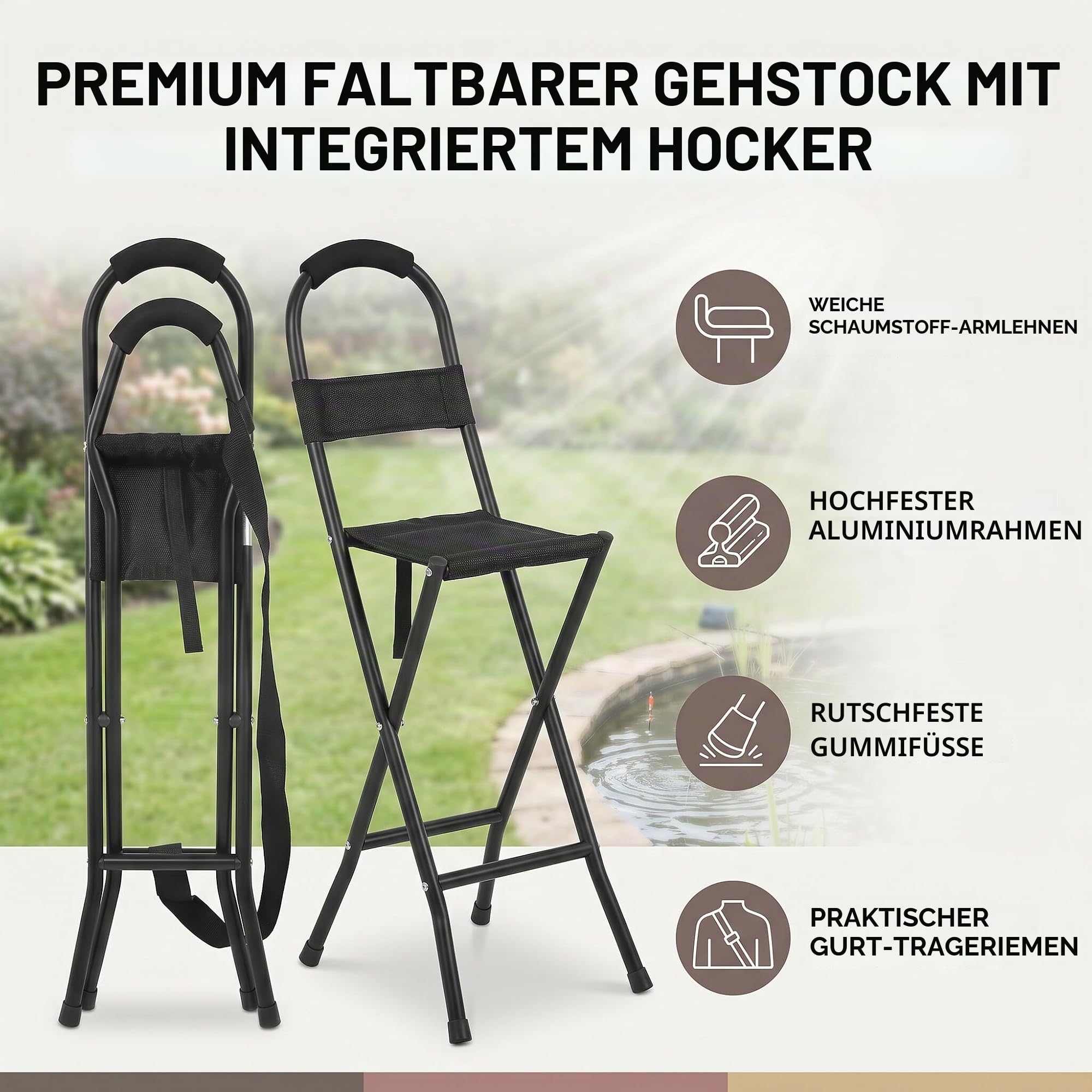Ejoyous Faltbarer Gehstock Stuhl mit Sitz, Tragbar, Schwarz, Aluminium, 1.62 kg, 113 kg Belastbarkeit, für ältere Menschen