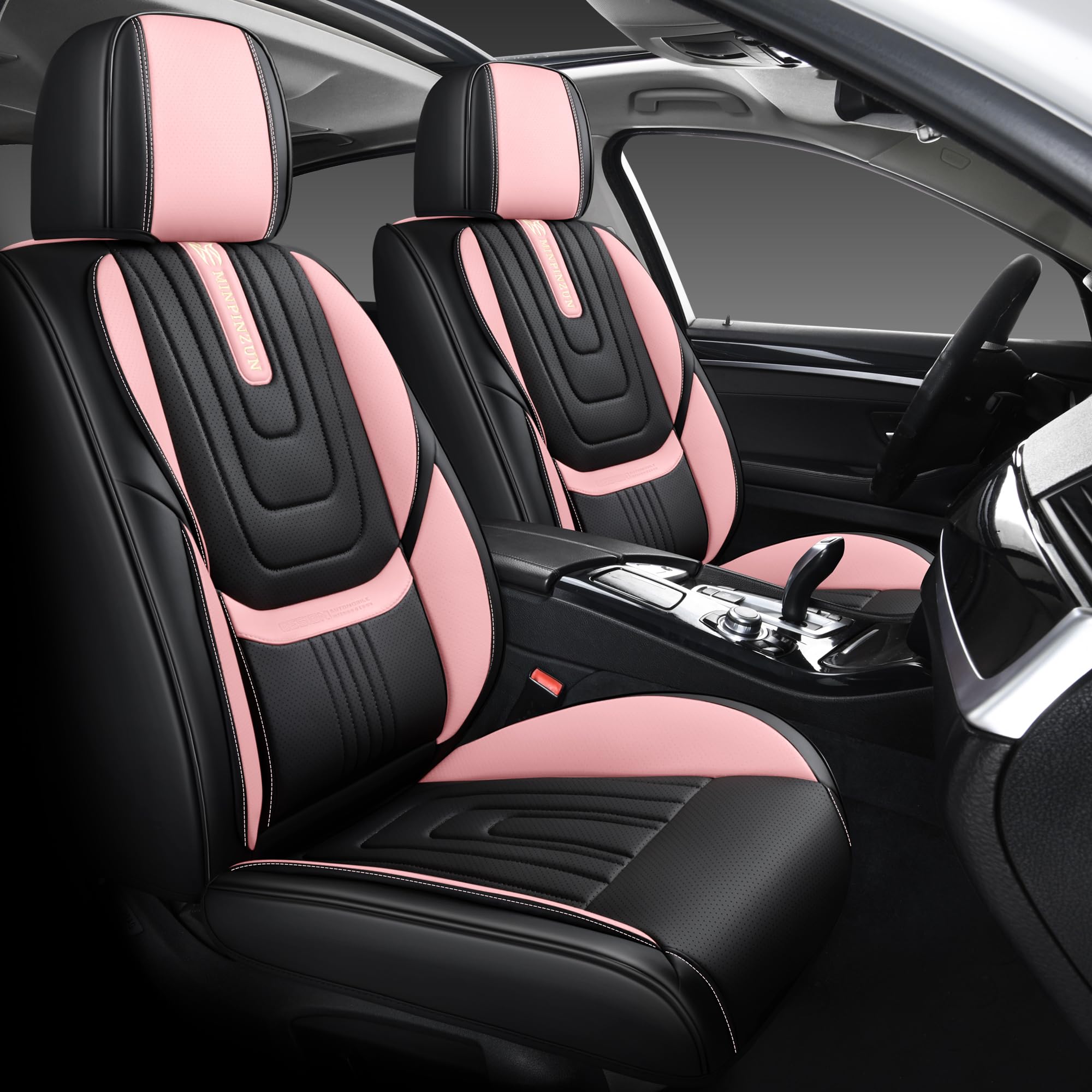 Leather Car Seat Covers Full Set,Automotive Seat Covers 5 Seats,Fit for Most Cars SUV and Most Sedans Pickup Truck,Comfort Breathable Waterproof Full Wrapping Edge Seat Covers (Black & Pink)
