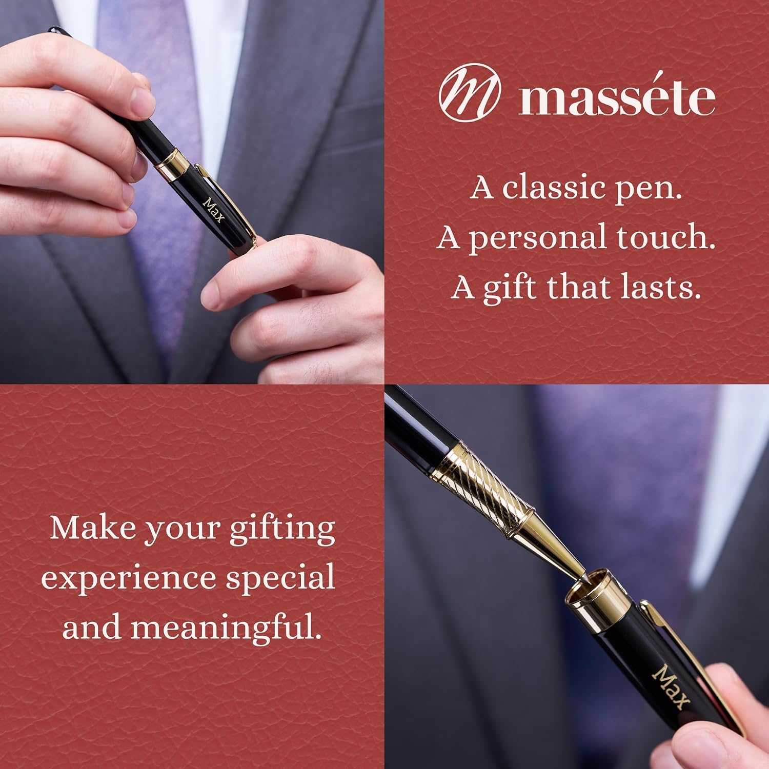 Massete Venero Executive Classic Luxury Rollerball Pen, Glossy Red with 23K Gold Plated Trim, Removable Cap, Engravable, Presented in Gift Box, Extra Refill Included, Fine Tip Blue Ink