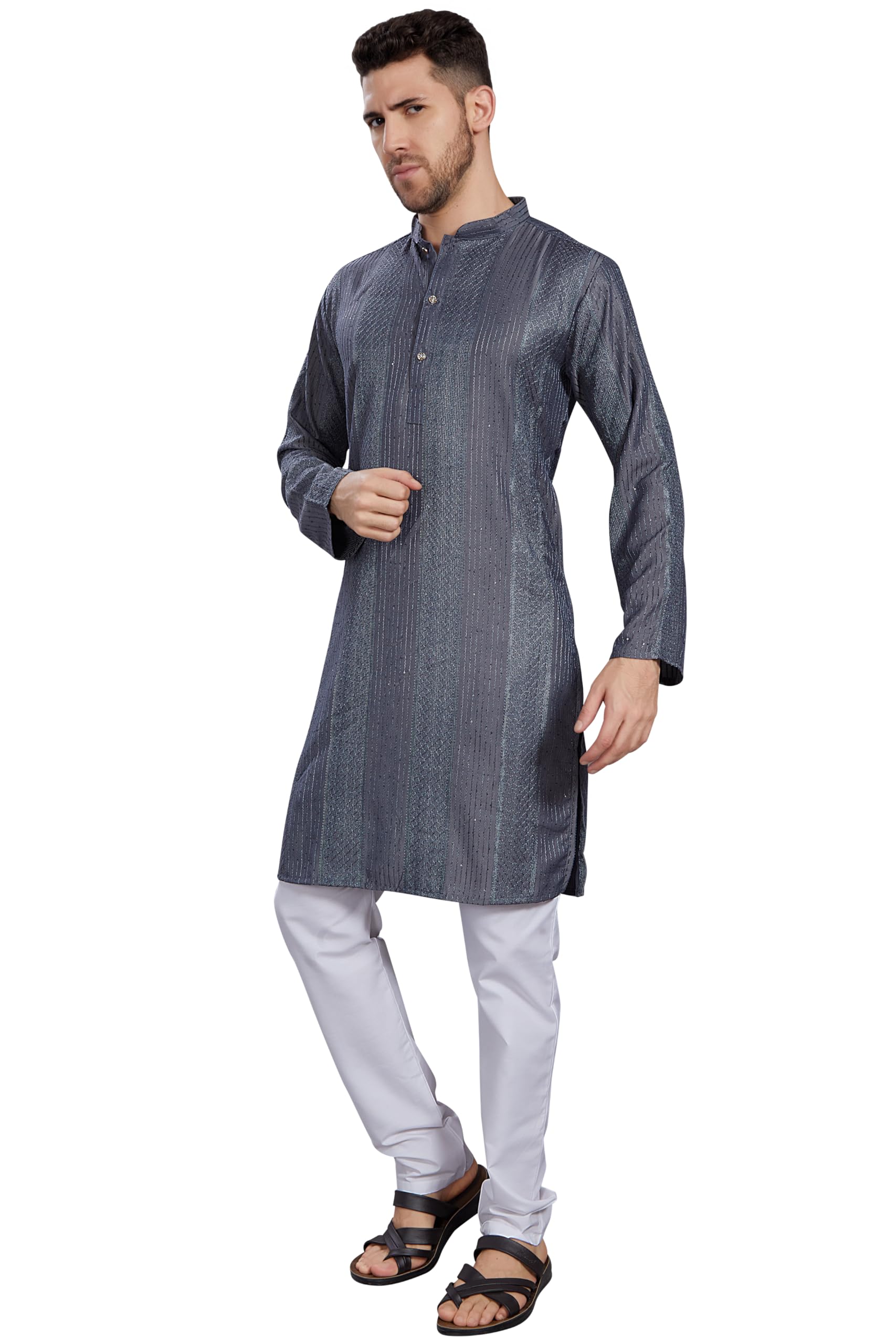 Divisive Men's Thread Embroidered Cotton Blend Only Slim Fit Kurta (Dkrt777_S_Grey)