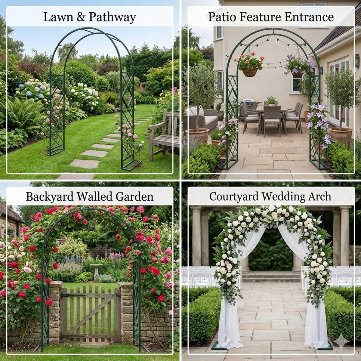 Metal Garden Arch, Heavy Duty Rose Arbor Trellis for Climbing Plants, W 4.6' 7.2' 8.5' 9.8' 11' Large Pergola Arbors for Outdoor Lawn Backyard Decor(Green,W11.2FtxH7.5ft)