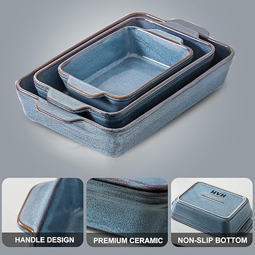 Miniatura 6 de HVH Juego de 3 platos para hornear de 9 x 13 pulgadas, cazuela grande para horno, utensilios de cerámica para hornear, molde rectangular para lasaña