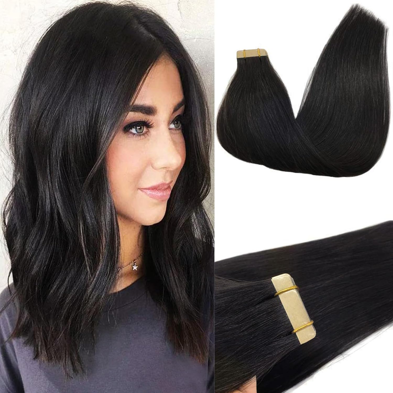 Invisible Remy Tape-In Human Hair Extensions 20″ Black Invisible Remy Tape-In Human Hair Extensions 20″ Black