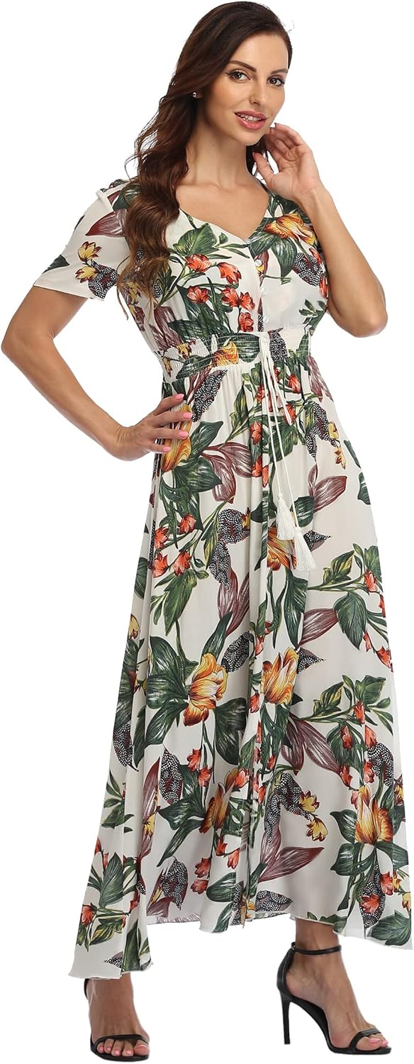 Ferrendo Women's Floral Maxi Dress Button Up Split Flowy Bohemian Party Beach Dresses - Image 3