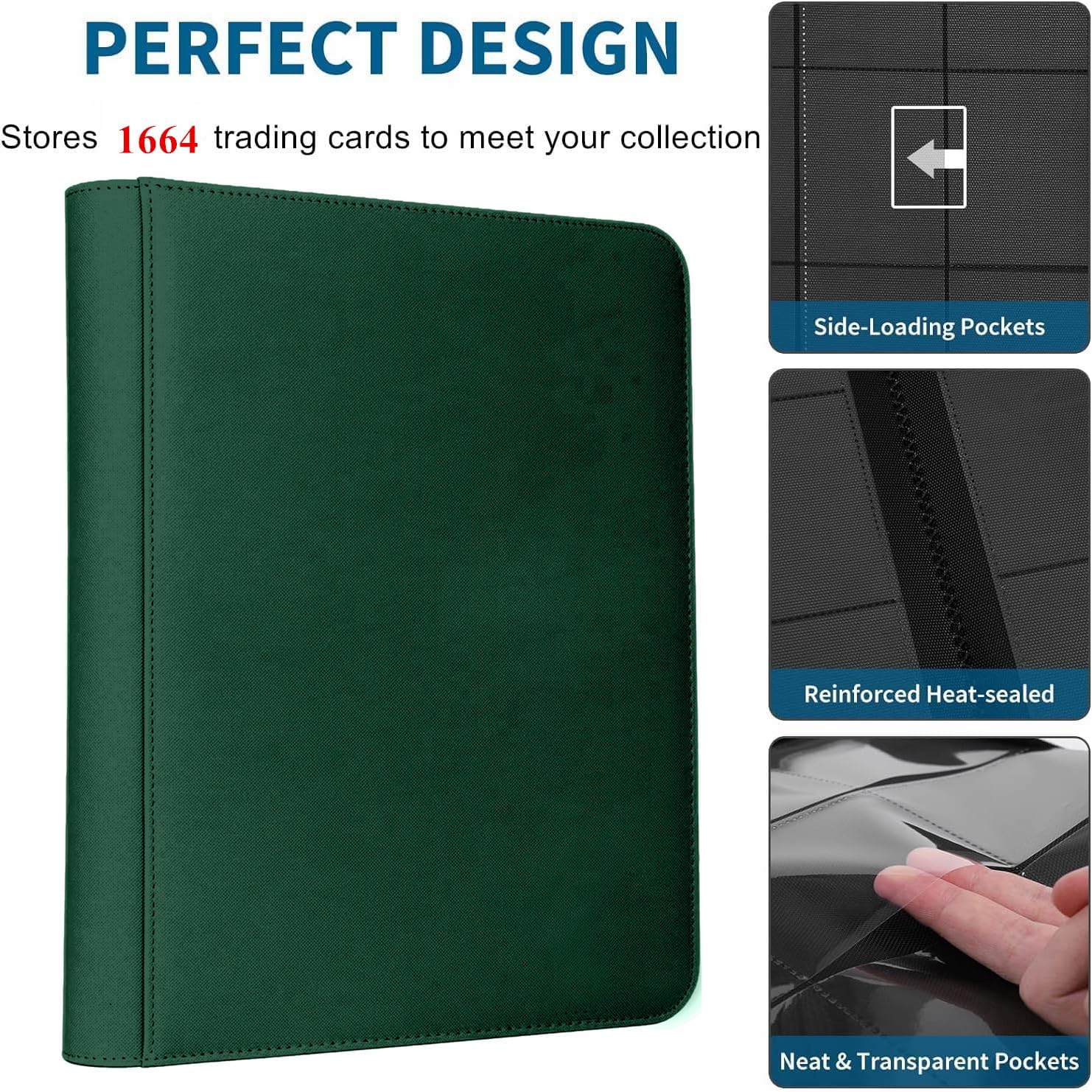 Premium 1664 Cards Capacity Binder, 16 Pocket Ringless Side-Loading Trading Card Album for TCG, MTG, Sports Cards; Zipper Card Album Folder for Displaying & Storaging Cards (Green, 1664 Pockets)