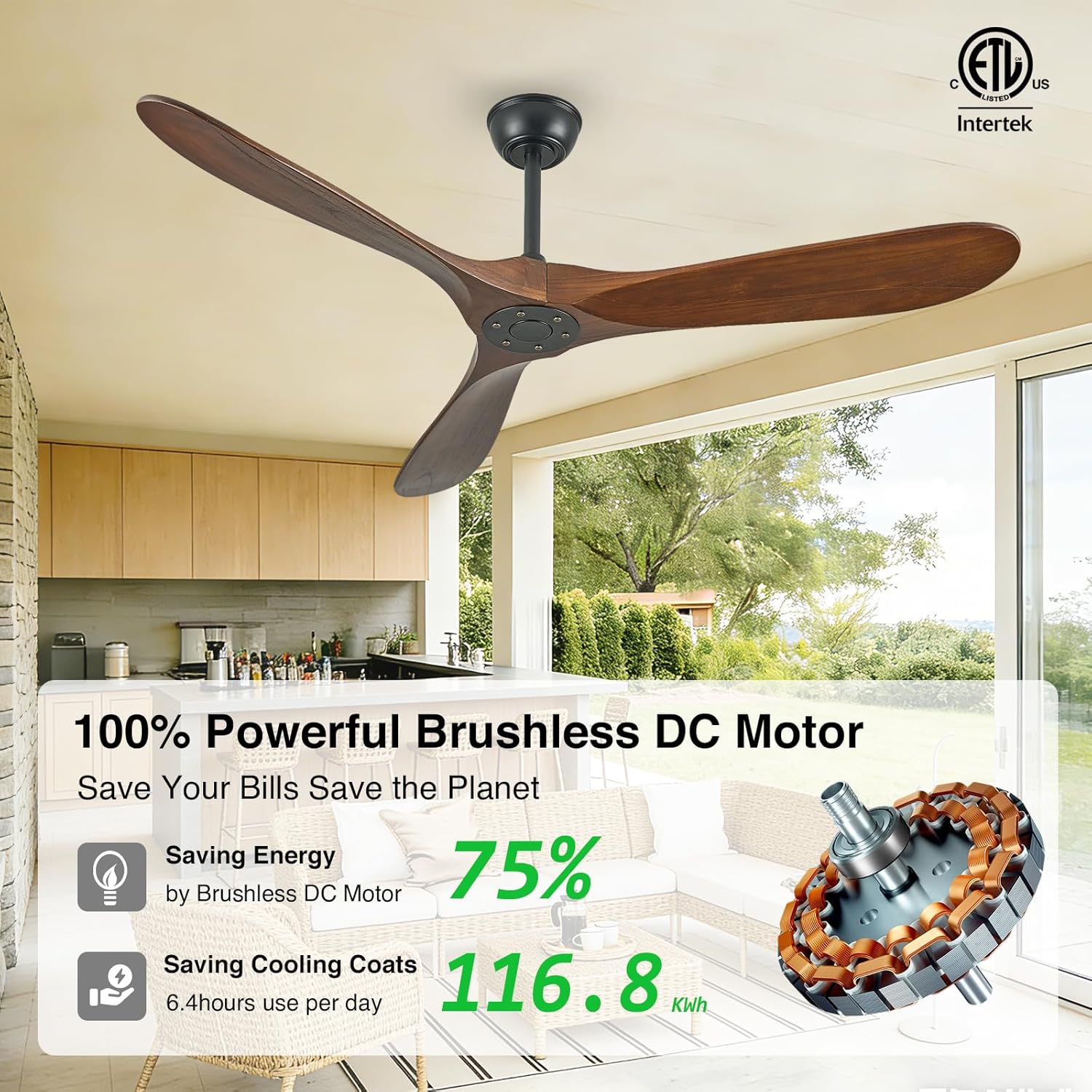 60 Inch Wood Ceiling Fan No Light: Indoor outdoor Ceilingfan Natural Wooden Blades Quiet DC Reversible Motor Remote Control for Bedroom Living Room Patio Porch Farmhouse