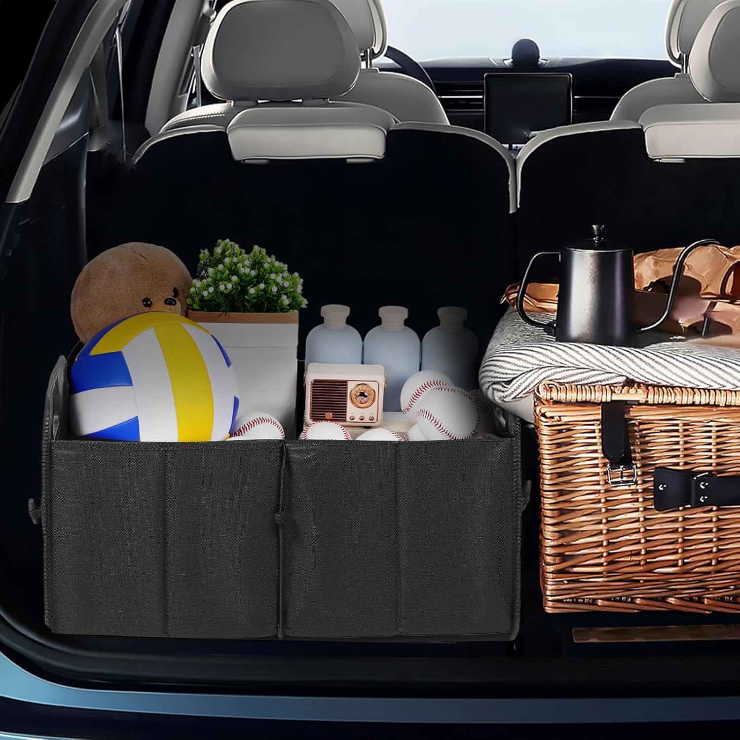 Luxshiny Car Trunk Organizer Foldable Oxford Fabric Cargo Storage Box with Pockets and Reflective Triangles for Suv Truck Camping and Car Interior Accessories