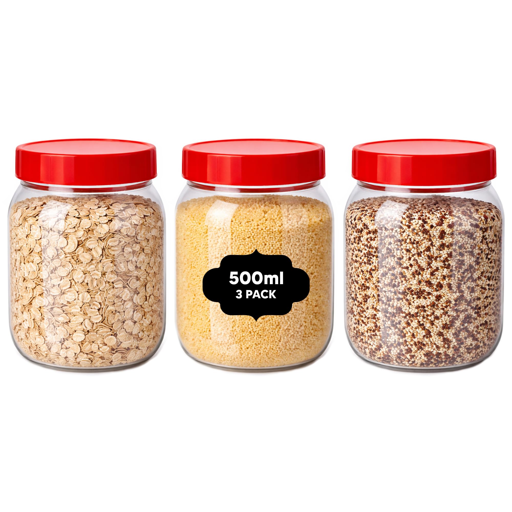 AXXTAN 3 x 500ml Plastic Storage Jars with Lids, Clear Cookie Storage Container Sweet Jar with Lid, Wide Mouth Opening Kitchen Countertop Jars for Candies, Jelly Beans, Cookies, Cereal & Snacks