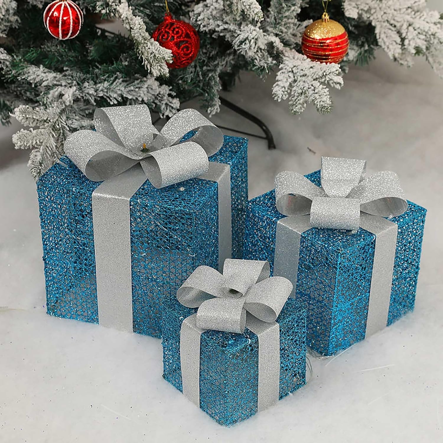 Set of 3 Christmas Lighted Gift Boxes, Prelit 60 LED Xmas