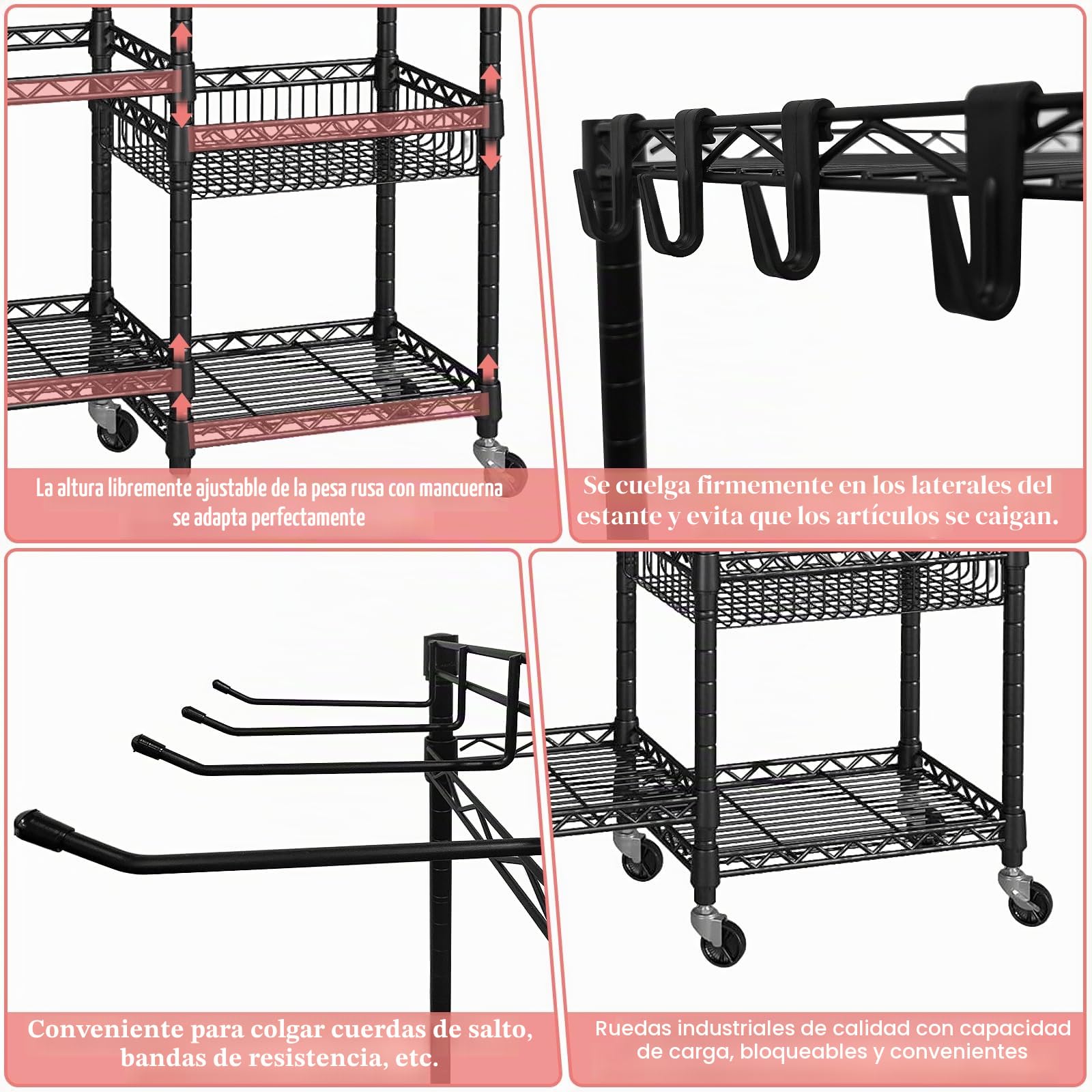 Estantería Fitness de 3 Niveles con Ruedas Bloqueables y Ganchos – Organizador de Acero al Carbono para Mancuernas, Esterillas de Yoga y Bandas de Resistencia, Capacidad 120 KG