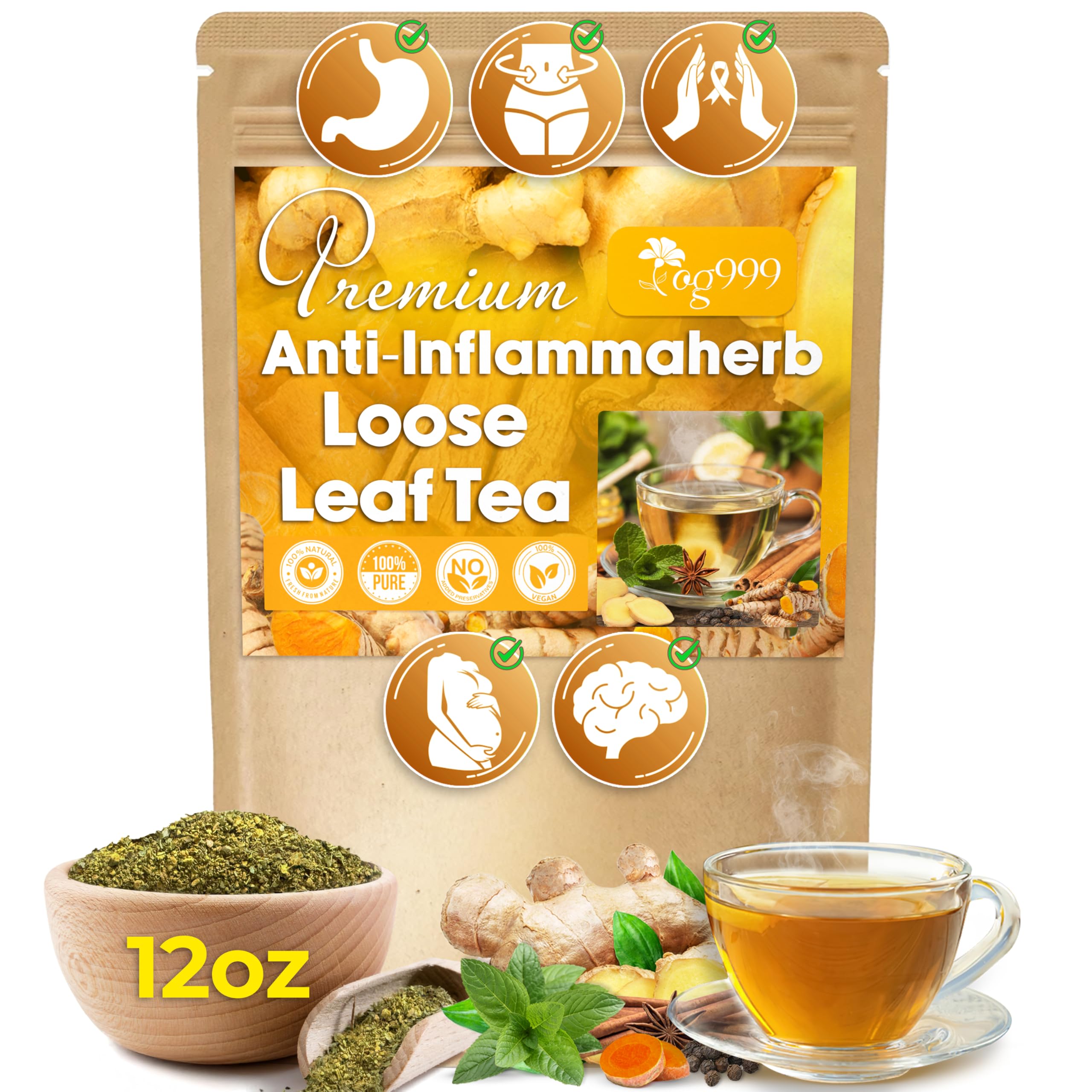 TOG999 Anti-Inflammaherb Turmeric Ginger Cinnamon Tea Bags,12 oz Anti-Inflammaheb Loose Leaf 12 Ounce