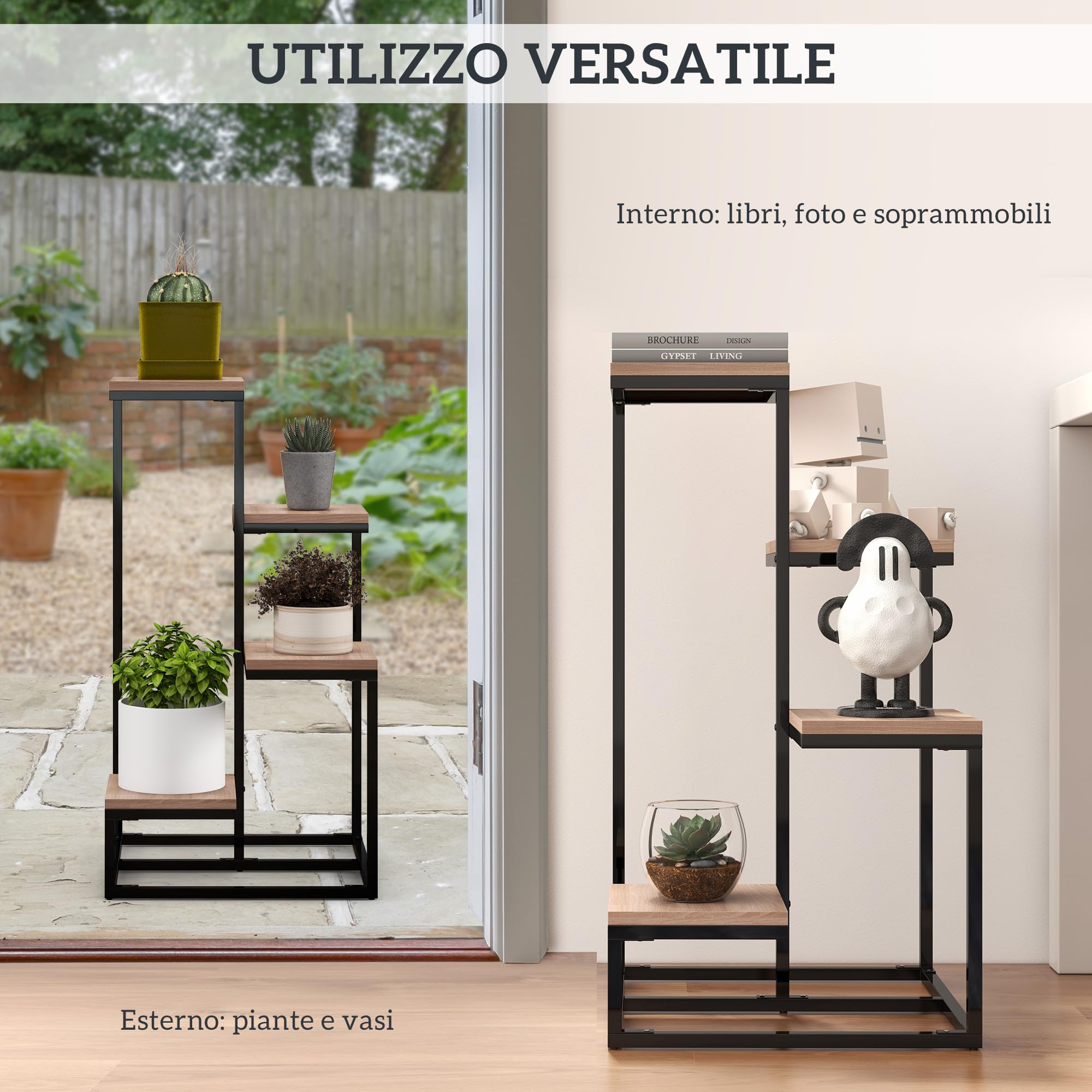 Outsunny Portapiante a 4 Livelli Interni Esterni 40x40x75.5 cm Marrone Nero | Scaffale Porta Fiori e Vasi, in Acciaio e Legno