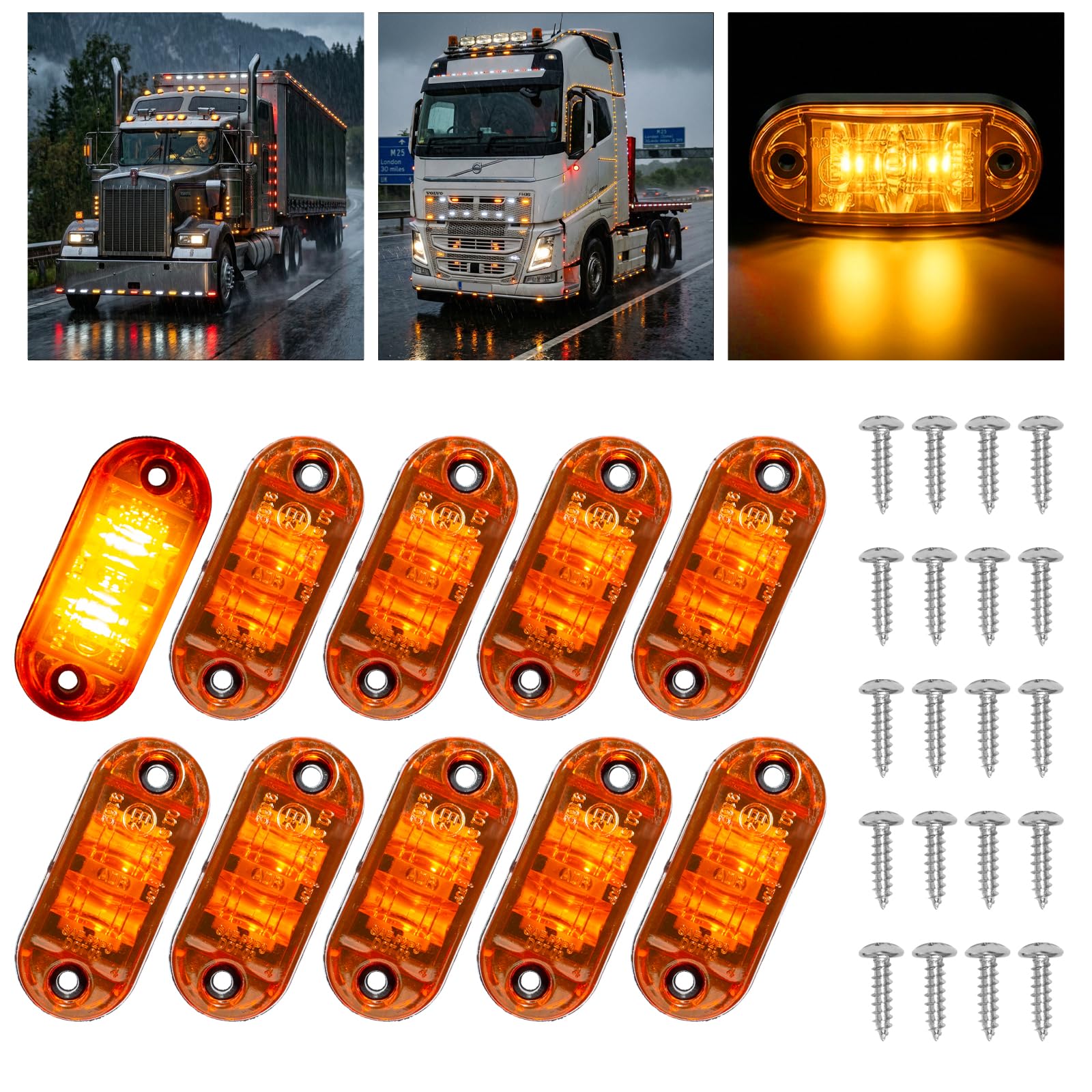 Catekro 10x Luci Ingombro LED 12V-24V, Luci di Posizione Laterali per Auto Indicatori Laterali con 2 LED 3000K Impermeabile per Camion Camper Furgone SUV (Giallo)